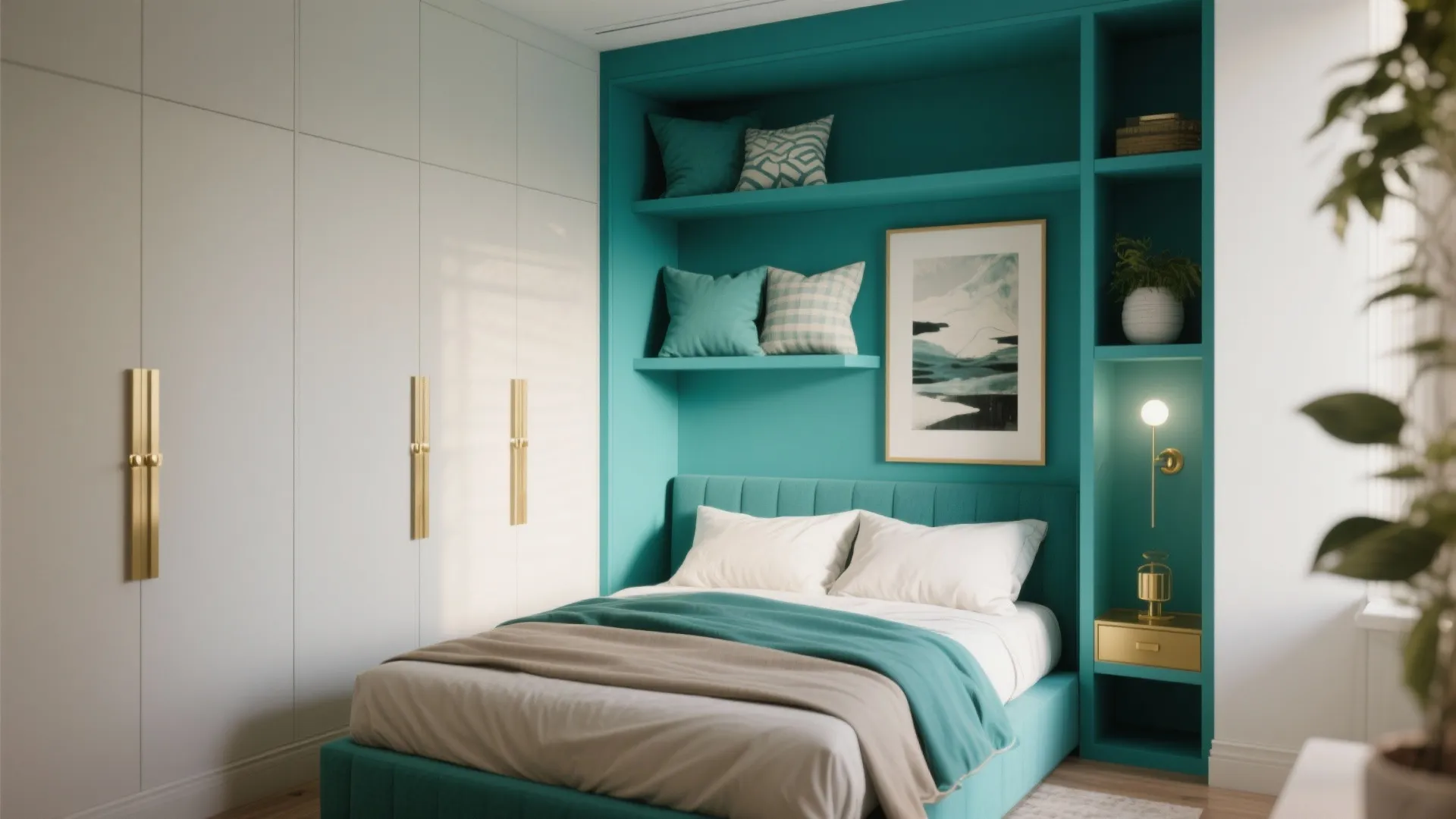 Teal accent wall bedroom with white wardrobe gold handles wall light and integrated shelving unit