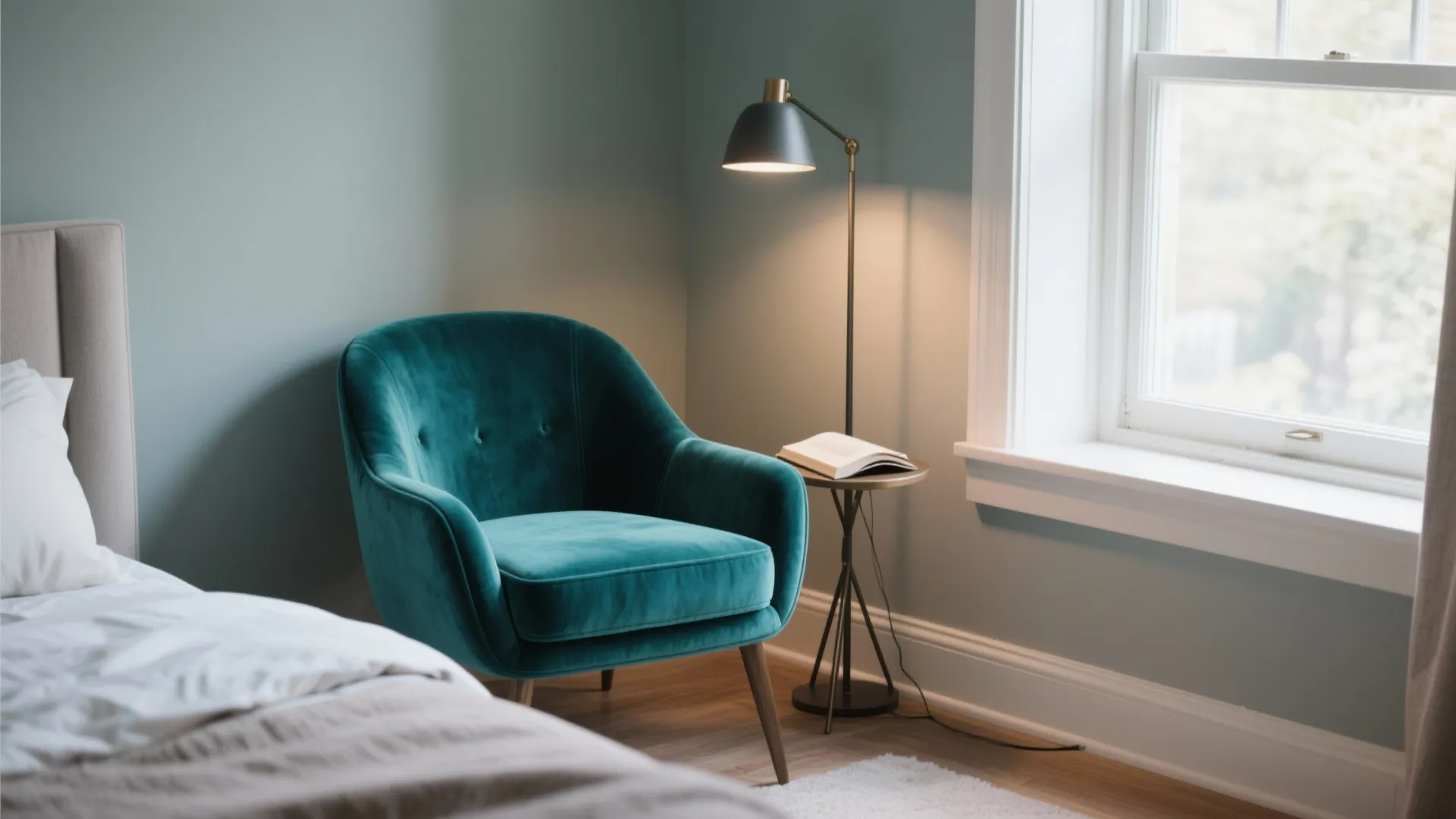 Teal velvet accent chair in bedroom corner with light