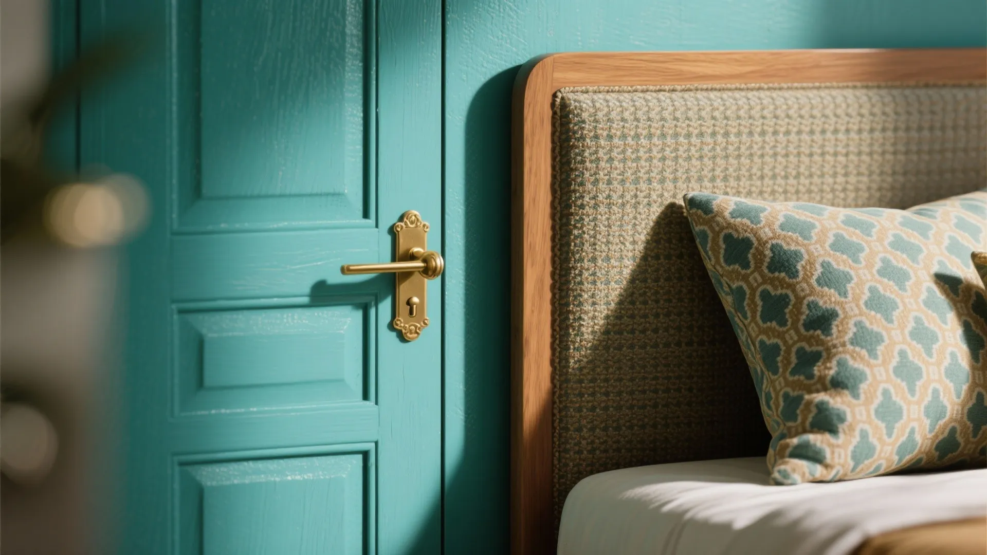 Close up of teal blue door with gold handle next to a patterned bed headboard