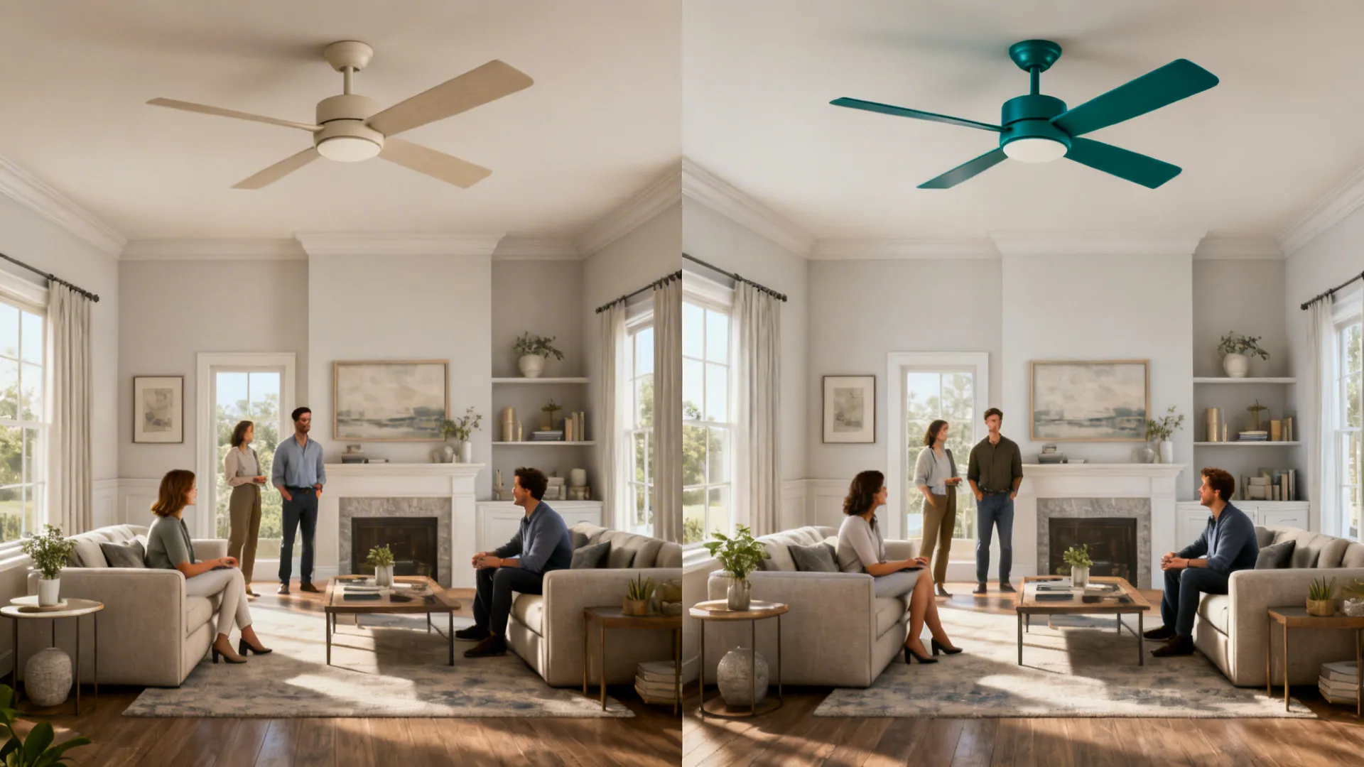 Split view before-and-after of a living room with a deep teal accent ceiling fan creating a bold focal point