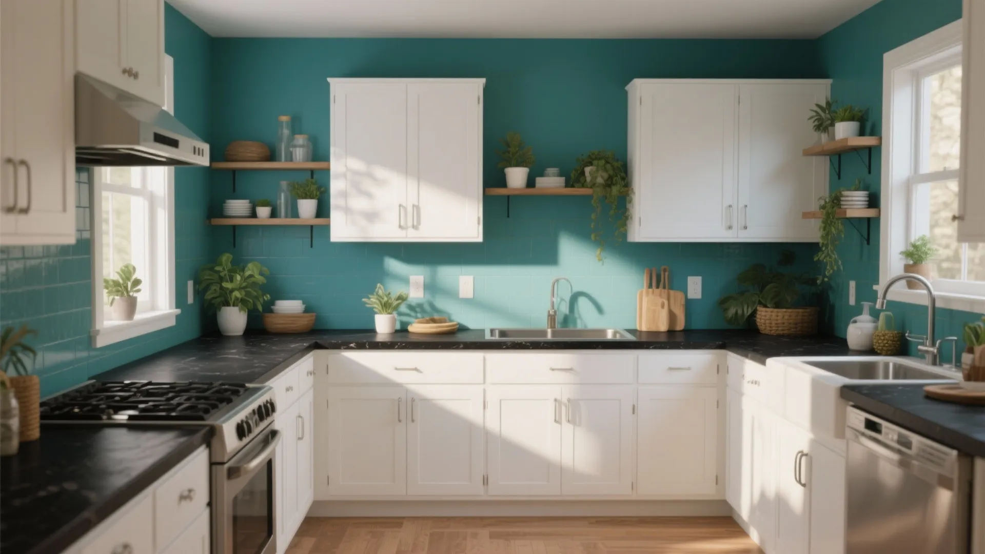 5. White Cabinets, Dark Countertop, Bold Accent Wall