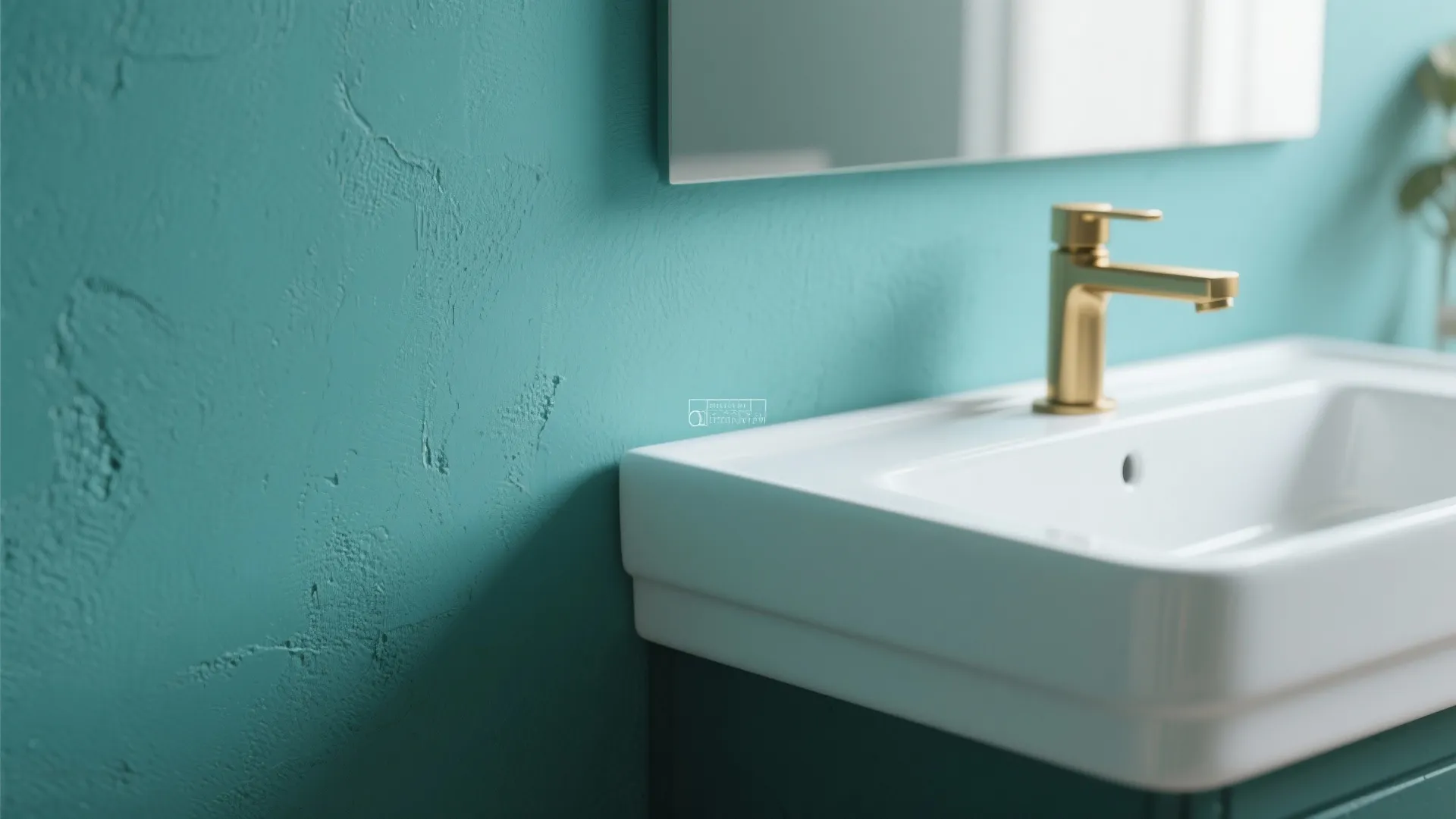 Close up of a white bathroom sink with gold faucet against a textured teal wall