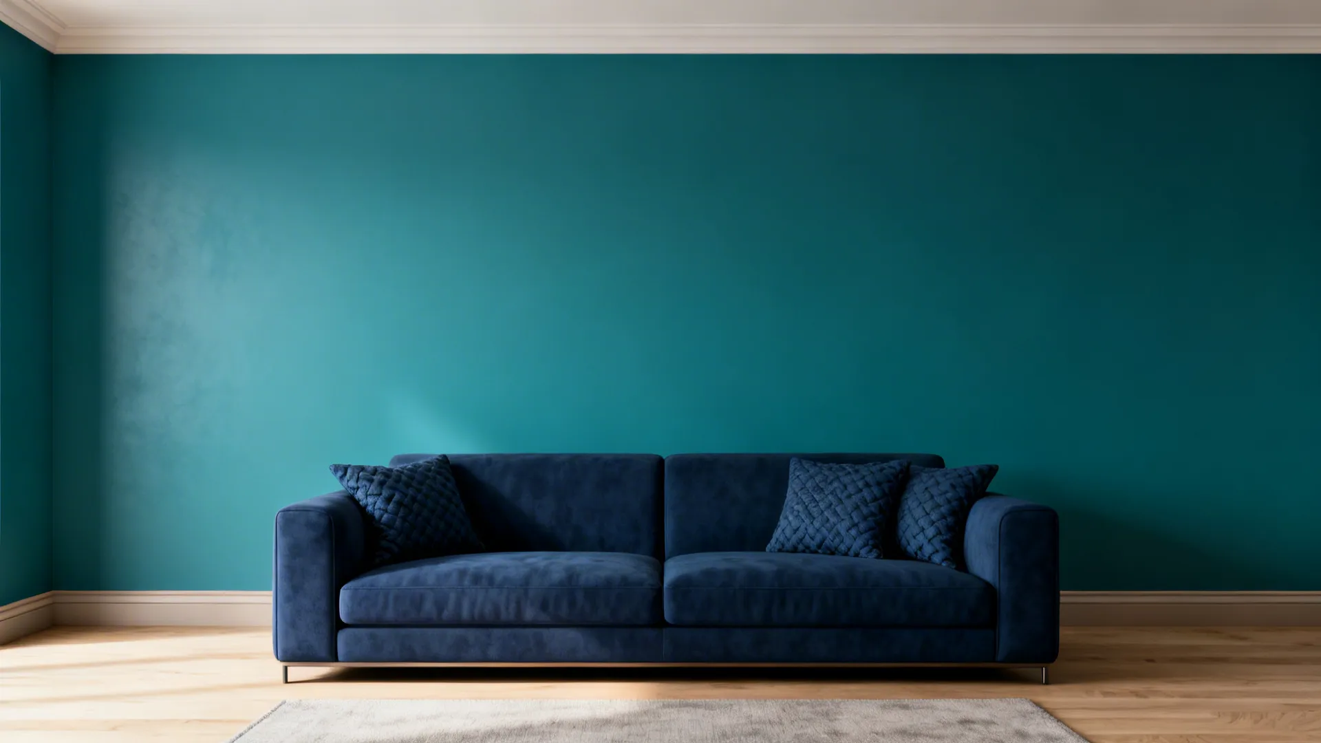 Corner view of a living room with a saturated teal accent wall and navy sofa, neutral trim and oak floor