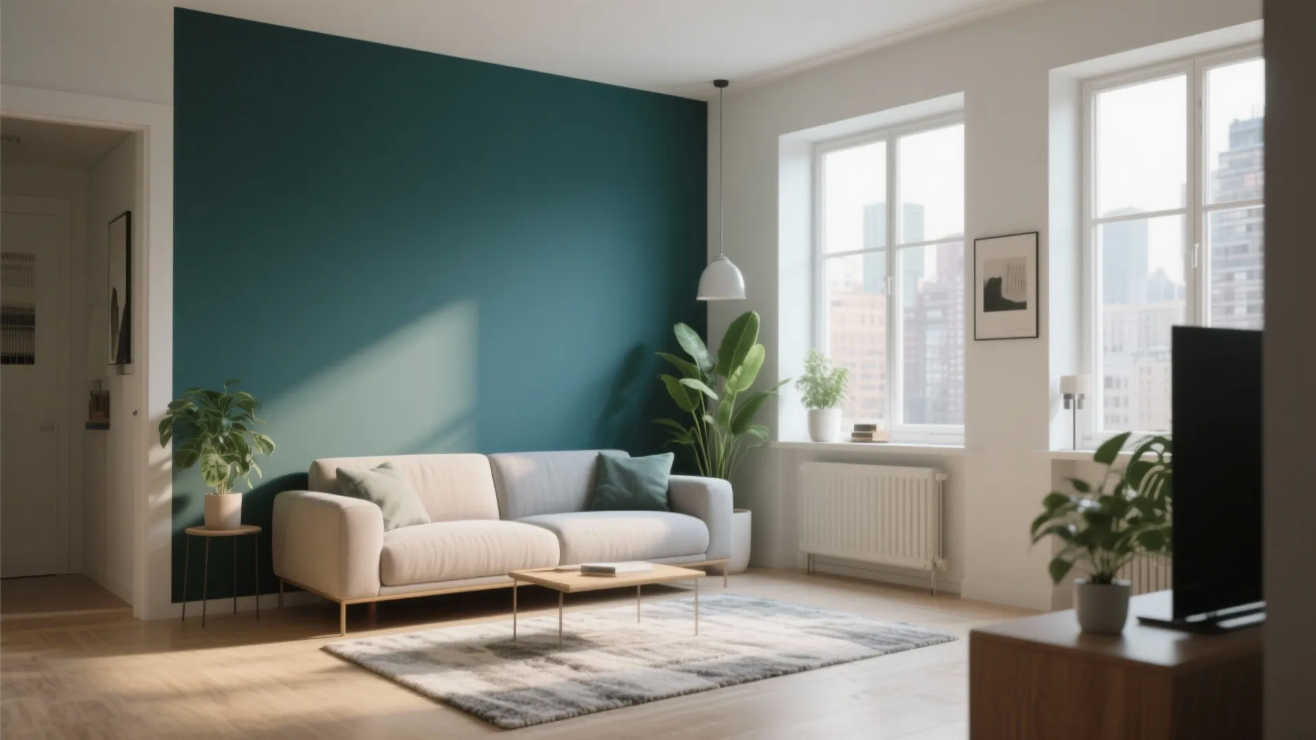 Minimalist living room featuring a teal accent wall beige sofa wooden floor and city view