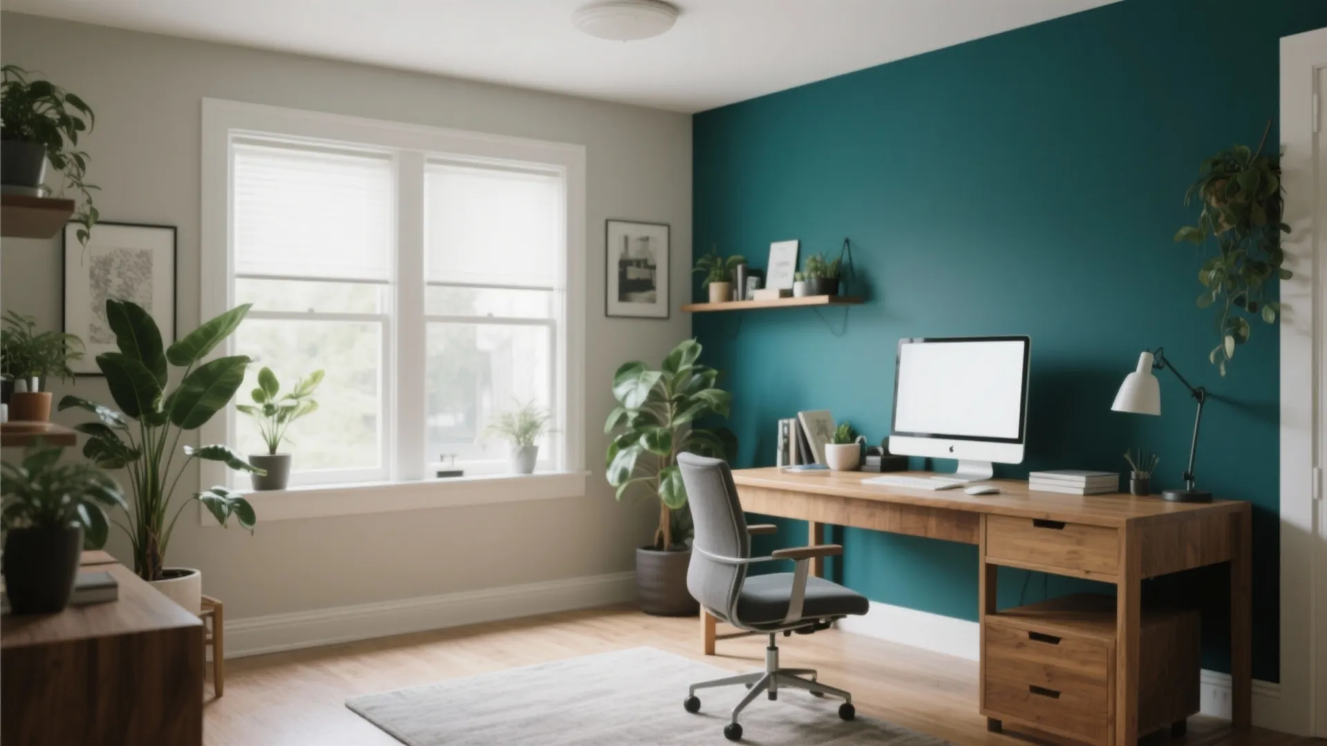 Home office featuring teal wall, wooden desk, computer, office chair, plants, and natural light window