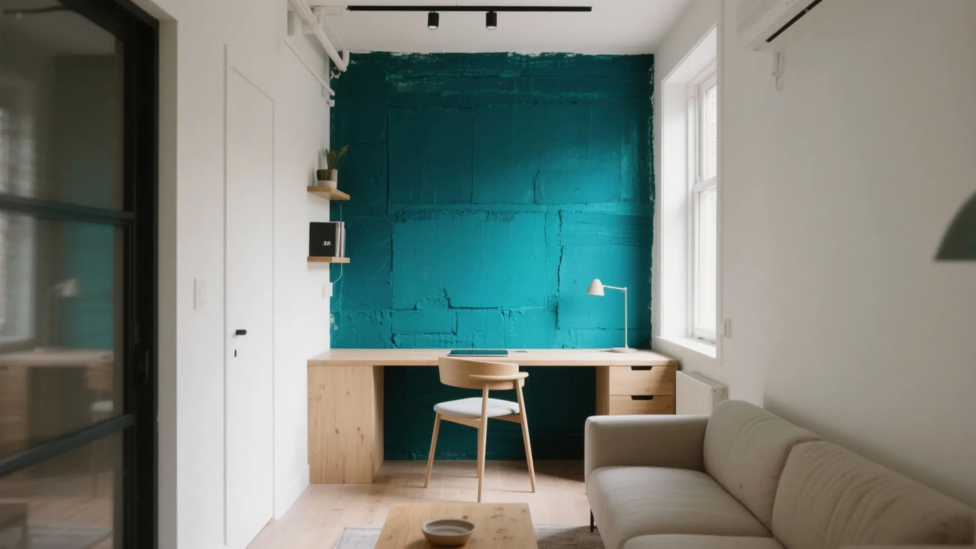 Minimalist home office with wooden desk wooden chair teal textured wall white walls and sofa
