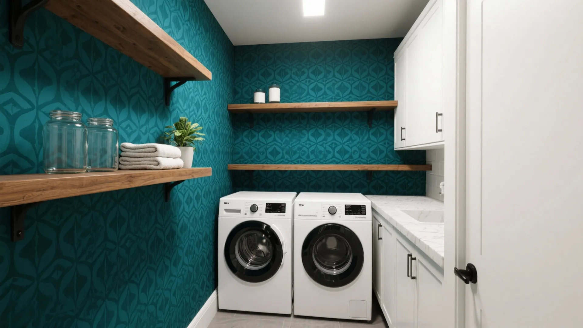 Modern laundry room with teal patterned wallpaper white washing machines wooden shelves and white cabinets
