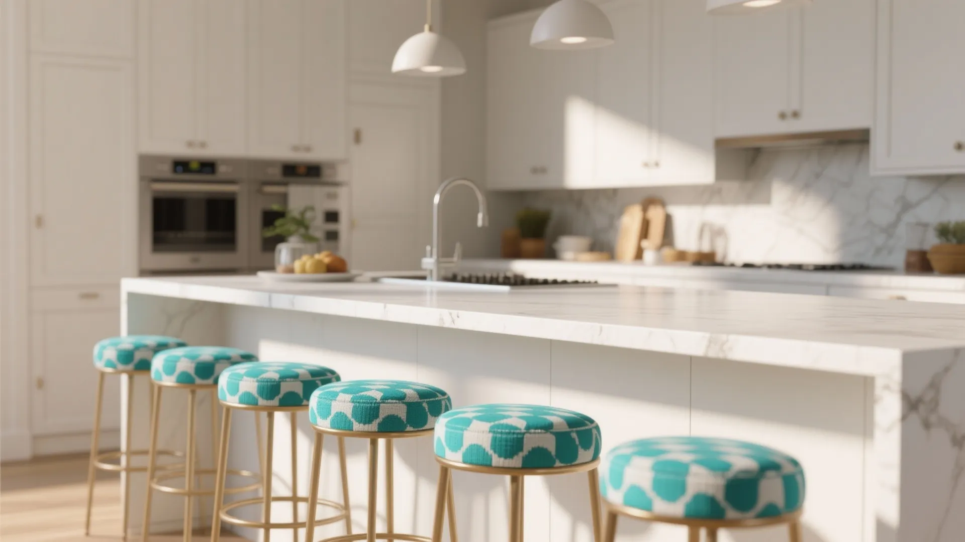Bright white kitchen with marble island and teal patterned stools under white round ceiling lights