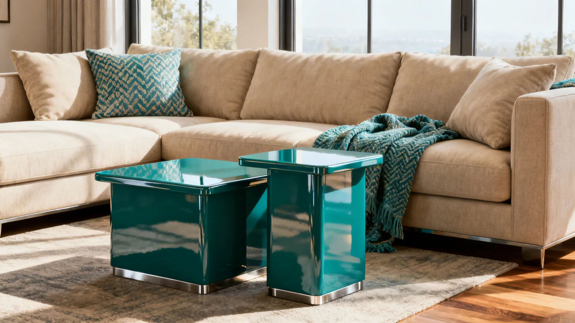 Two teal glossy side tables in front of beige sofa with matching pillows and blanket