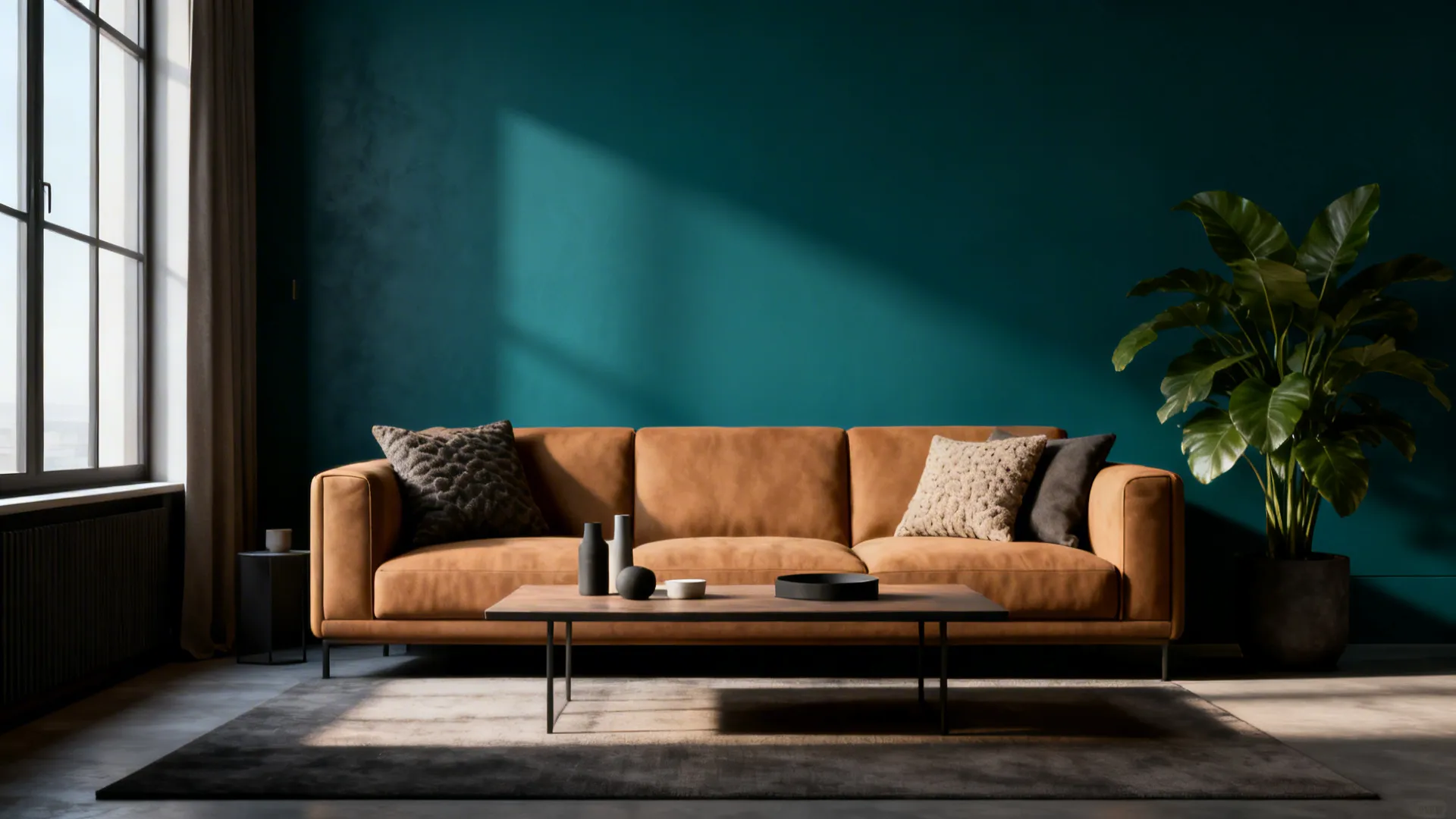 Tan sofa set against a deep teal accent wall with minimal accessories.
