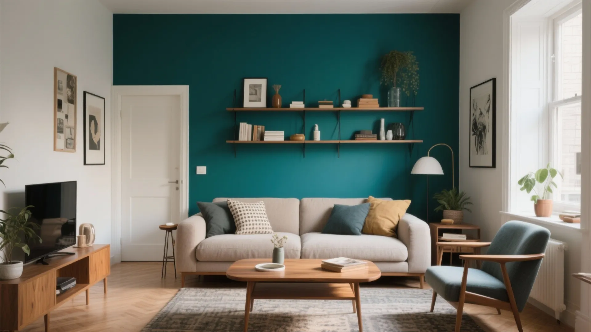 Living room with dark teal accent wall featuring wooden shelves above a grey fabric sofa
