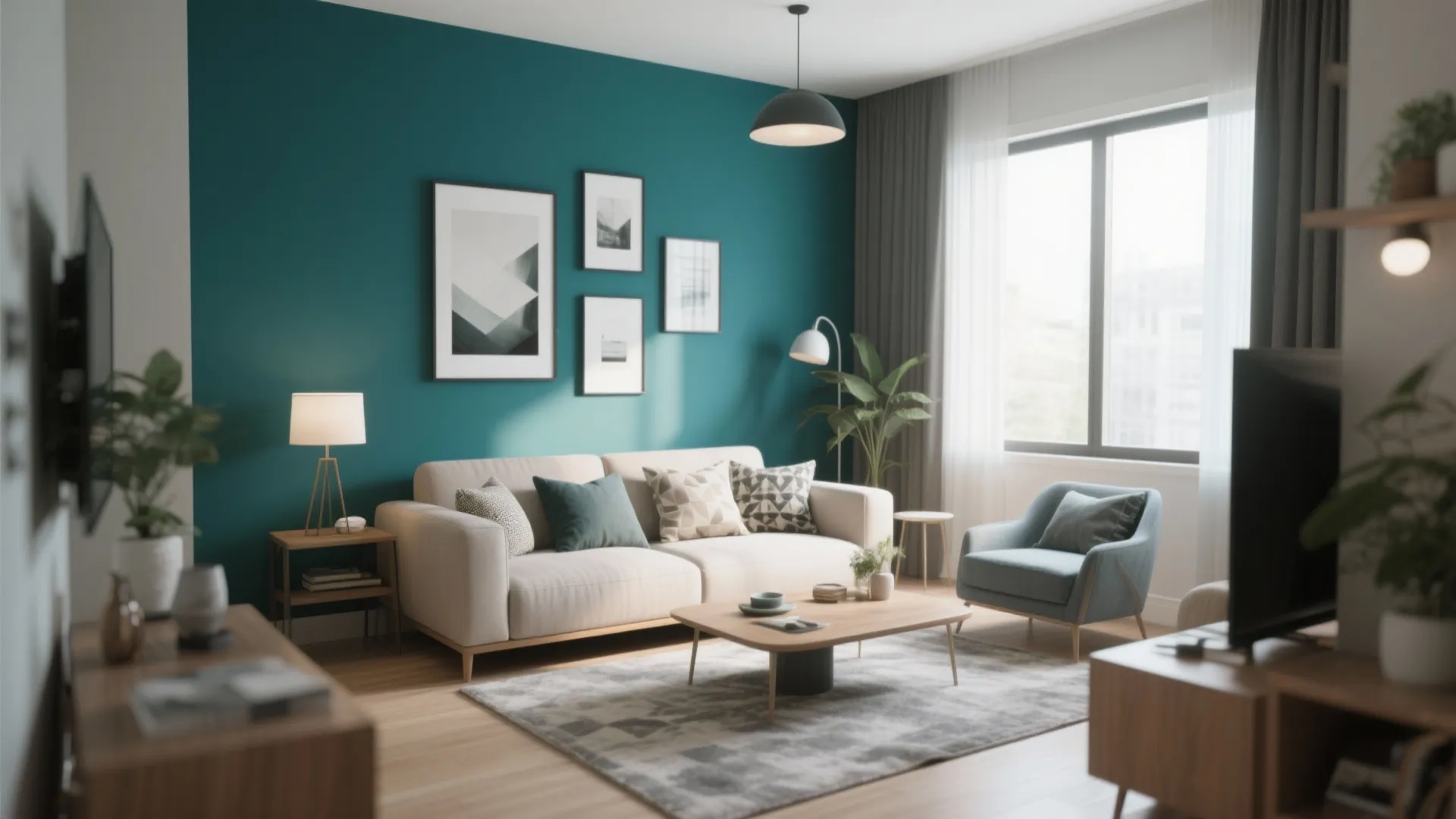 Small condo living room with teal accent wall behind sofa