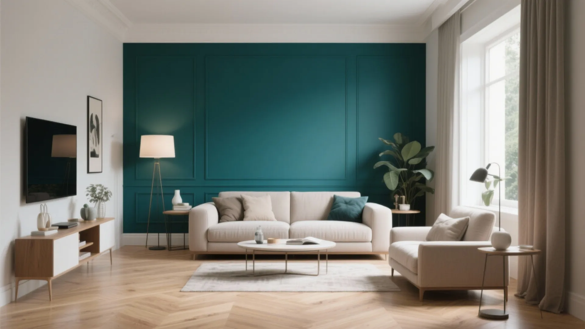 Small living room with teal accent wall and neutral décor