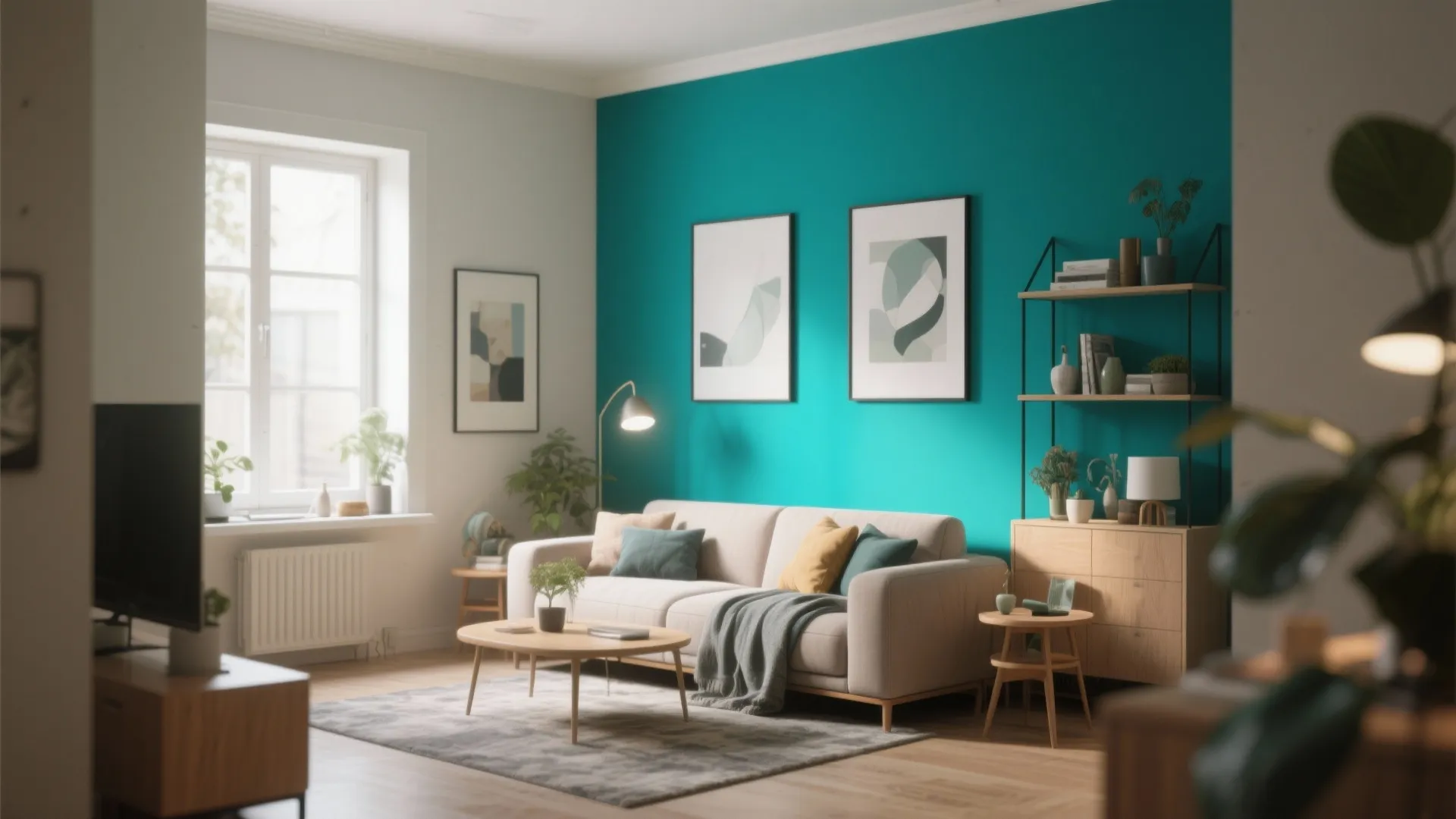 Small living room with bold teal accent wall and neutral surroundings