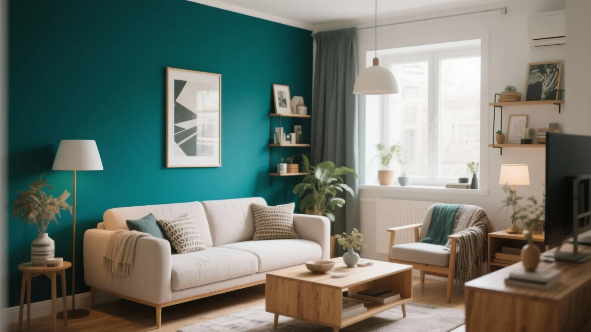Cozy living room with teal accent wall cream sofa wooden coffee table and ceiling light