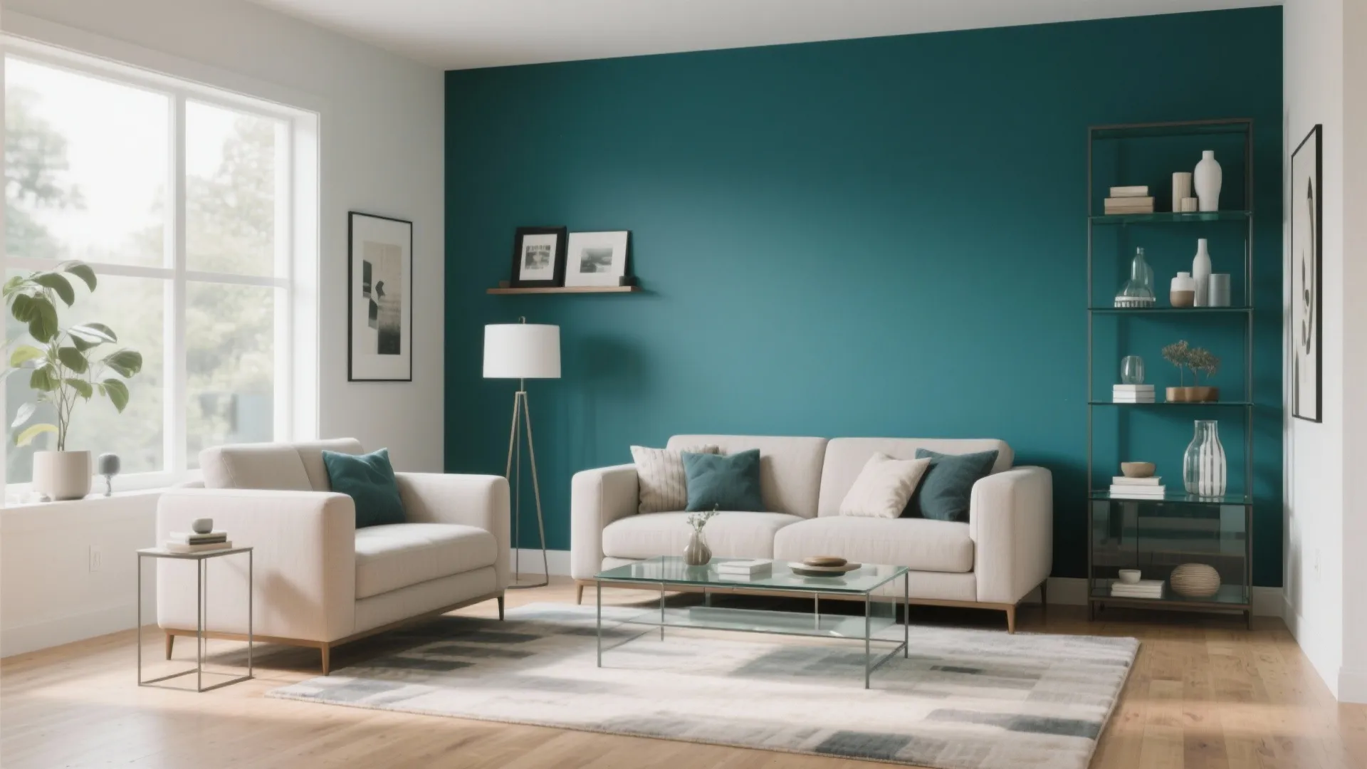 Living room with a dark blue wall behind a white sofa and a glass shelf