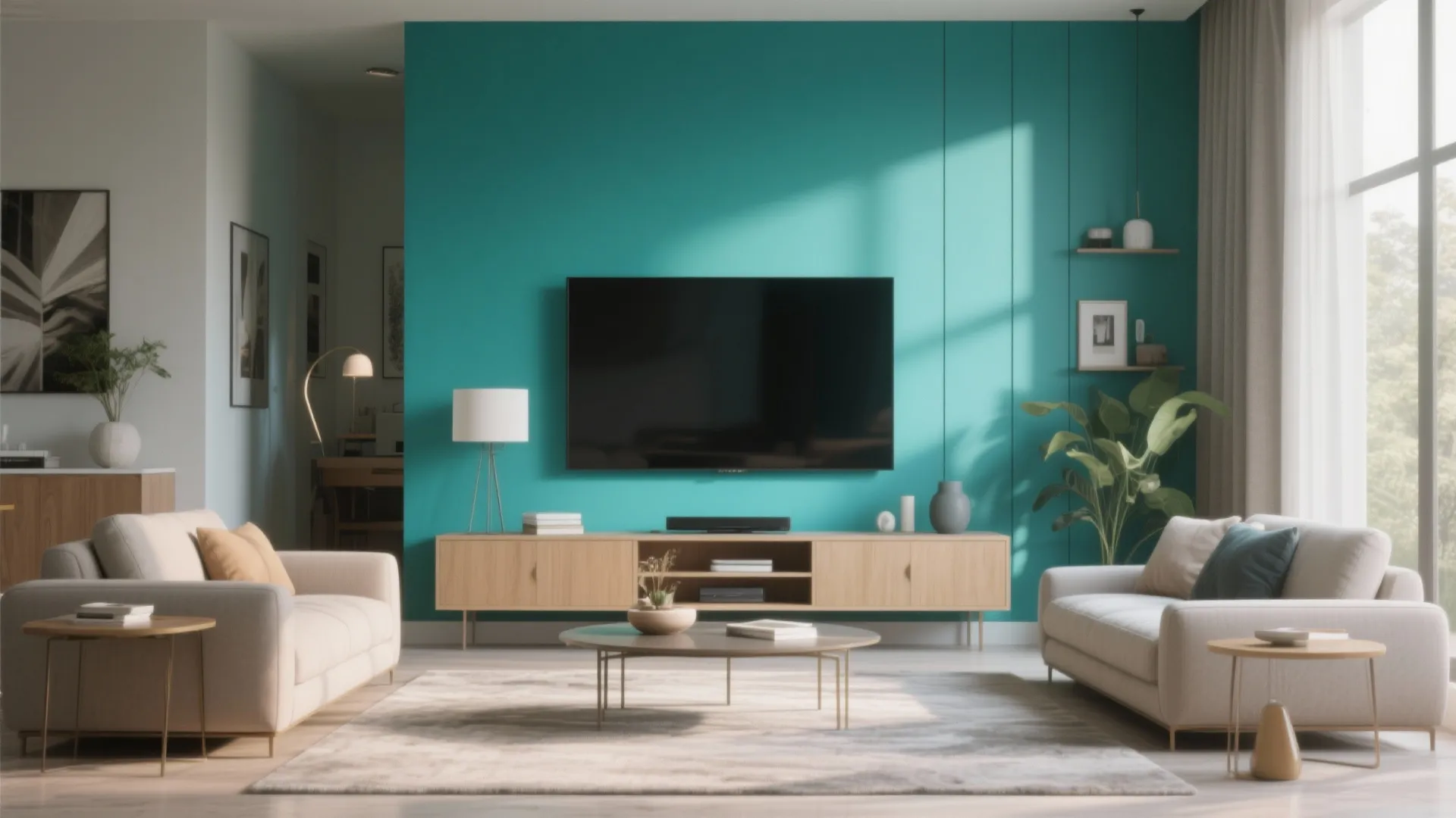 Modern living room with a teal wall panel behind a television and wood media cabinet