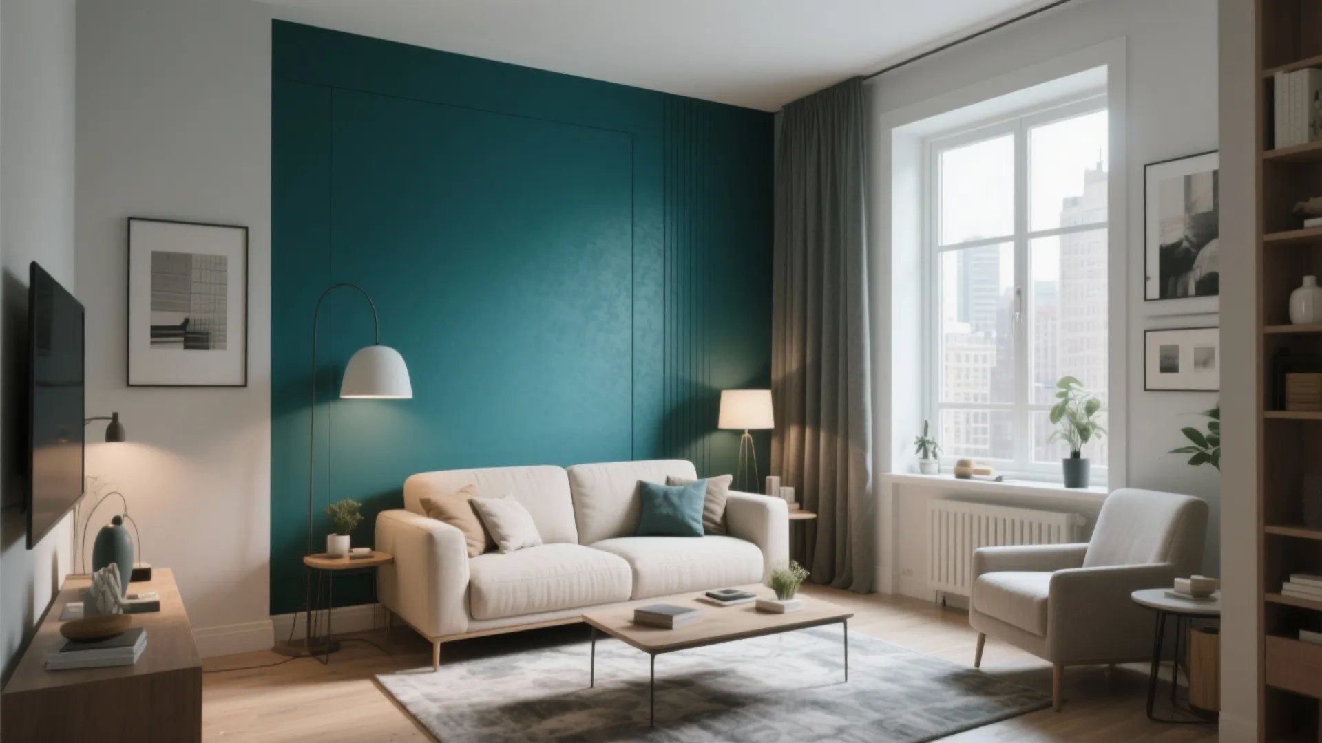 Modern living room with a dark teal wall behind a white sofa and coffee table
