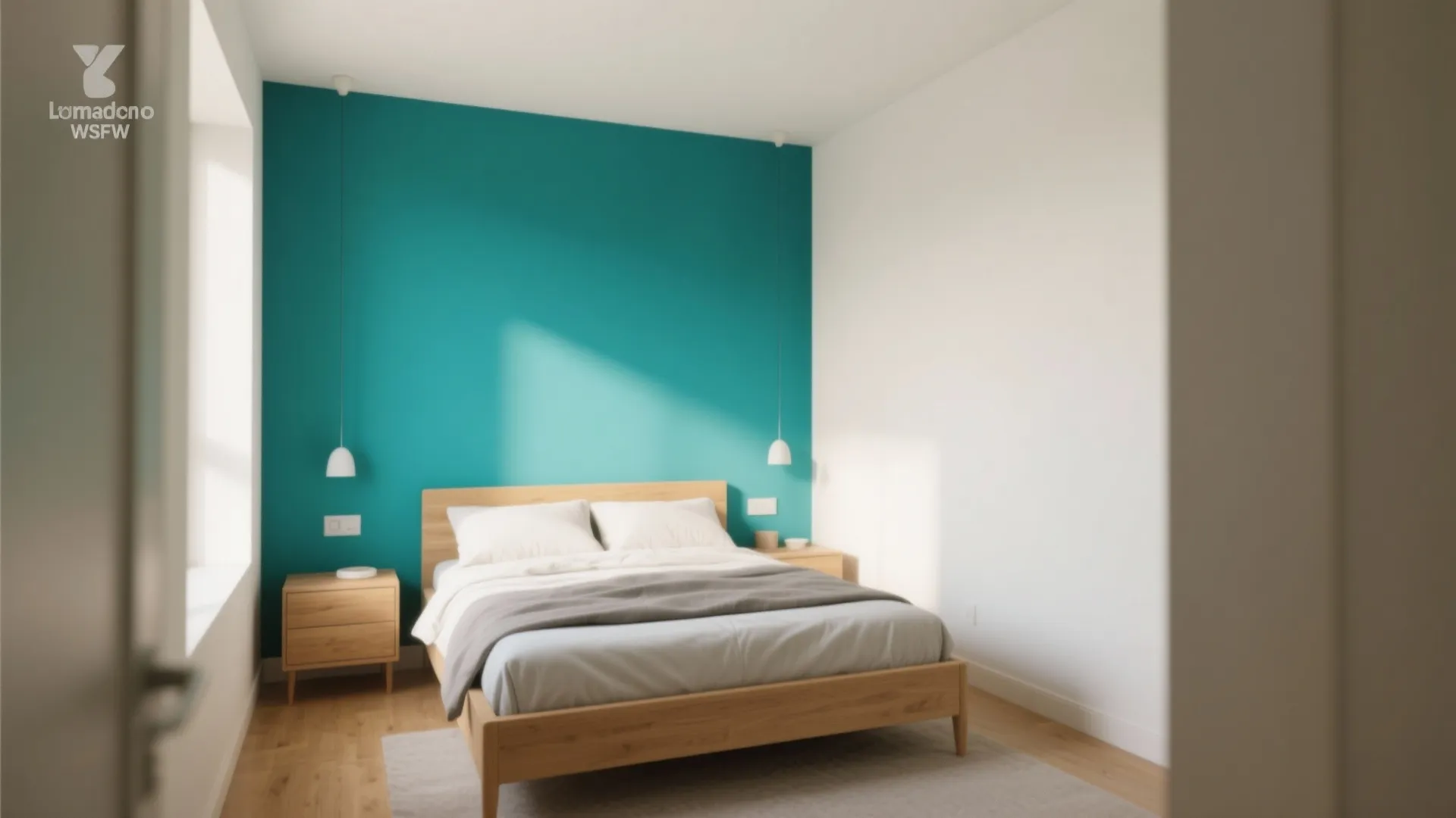 Minimalist bedroom featuring a teal accent wall wooden bed frame white bedding and small bedside tables