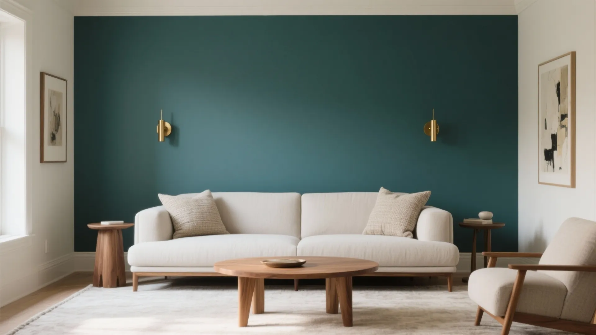 Modern living room featuring a teal accent wall with cream sofa wood coffee table and lights