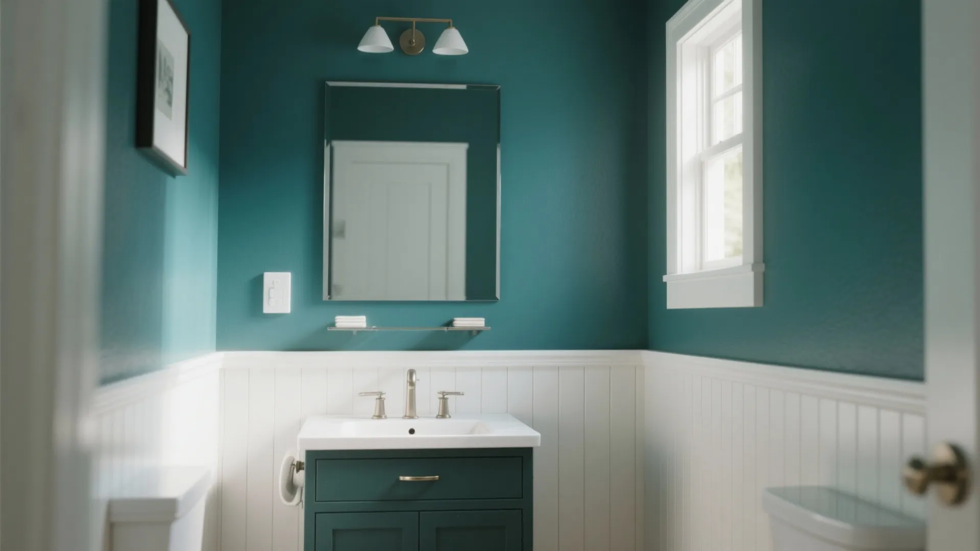 2. Painted teal walls with white trims