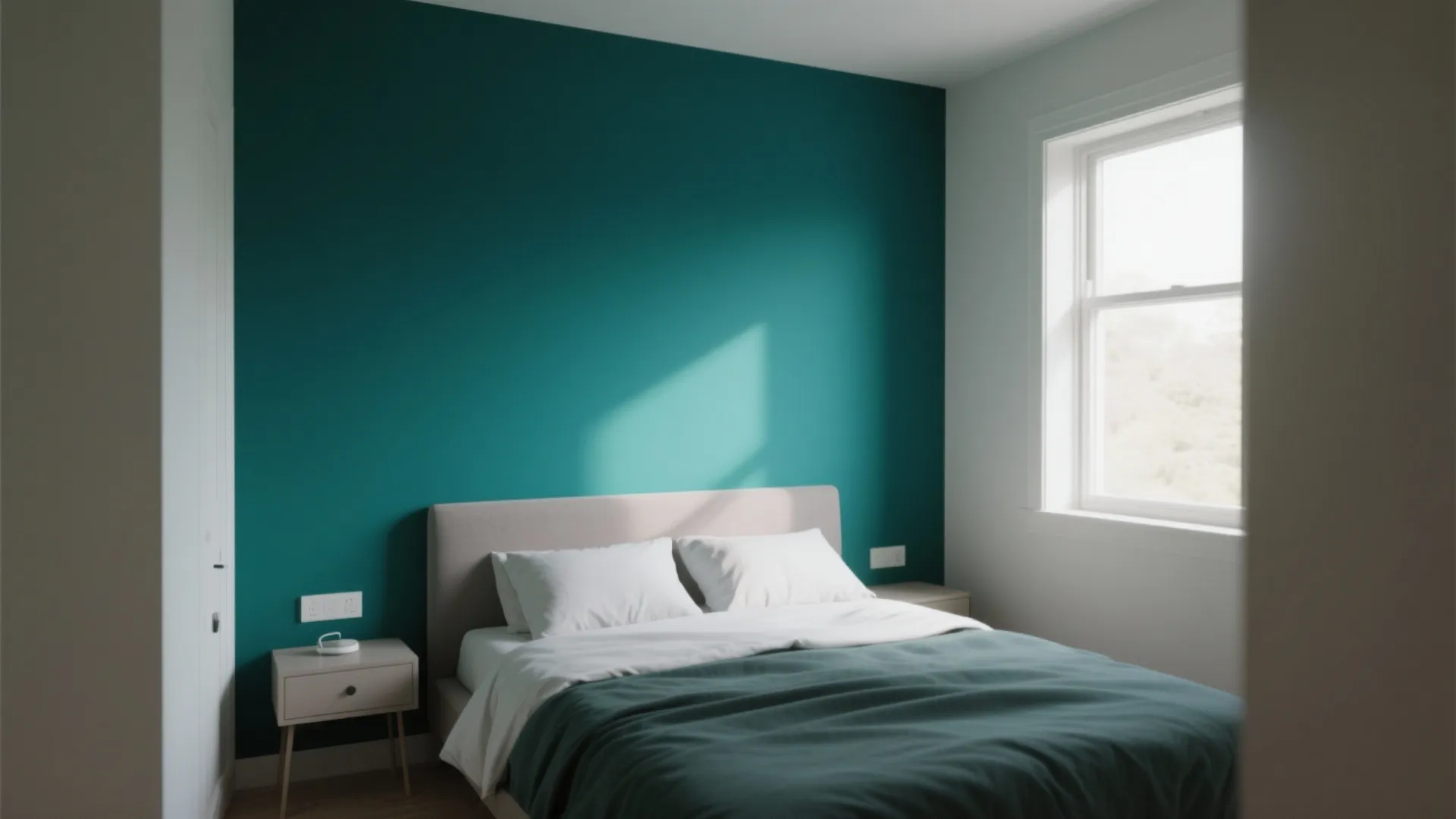 Modern bedroom with a dark teal accent wall white bed and natural light from window