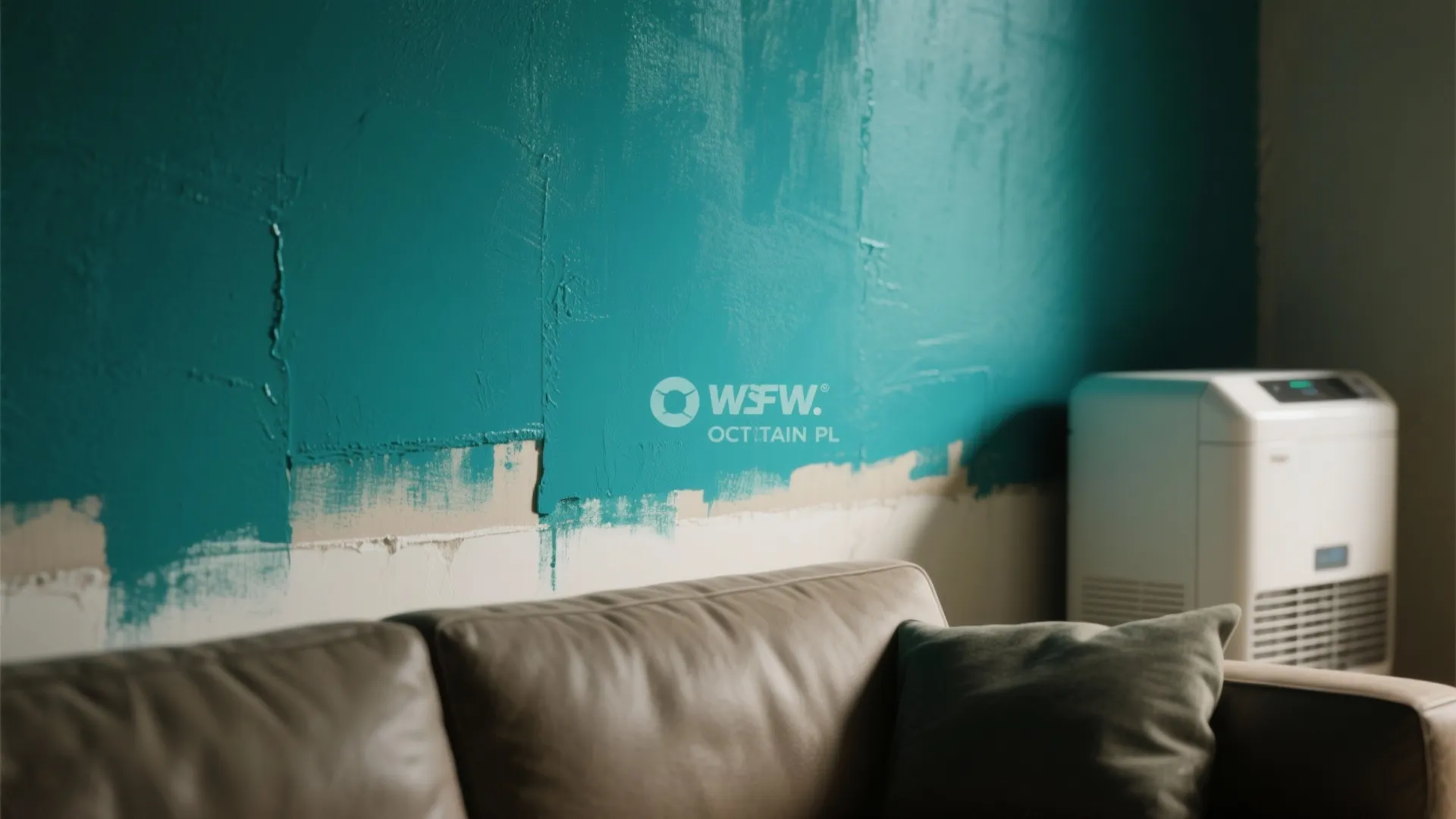 Teal paint being applied to white wall behind a leather sofa and white air machine