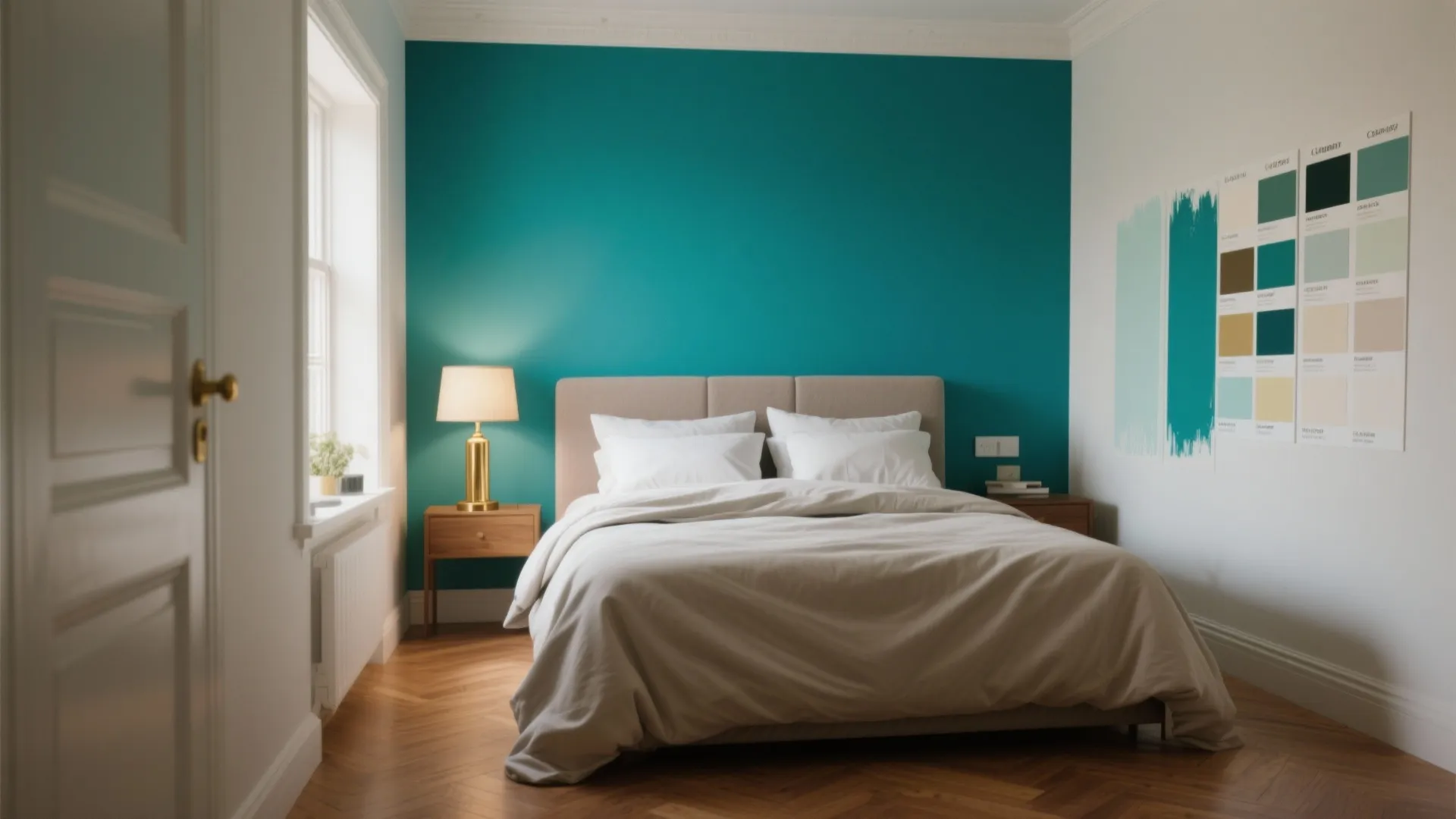 Modern bedroom with teal accent wall white bed wooden nightstand gold table lamp and poster