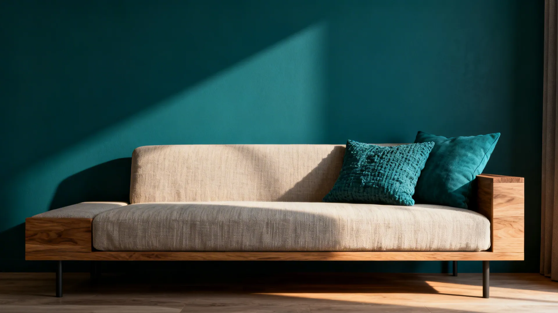 Angled wall painted deep teal anchoring a cozy lounge with neutral furnishings.