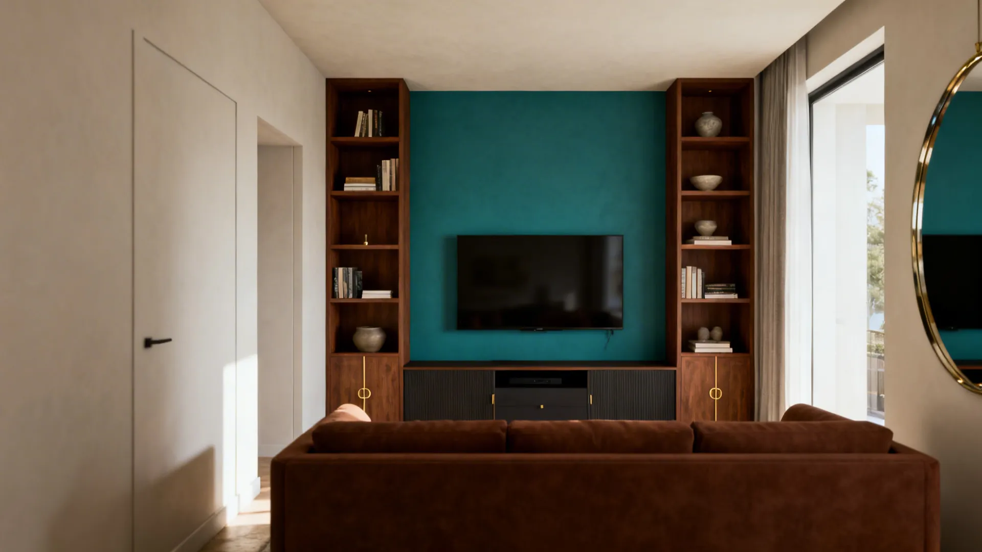 Living room with teal wall, television, tall wooden bookshelves, brown sofa, and gold round mirror