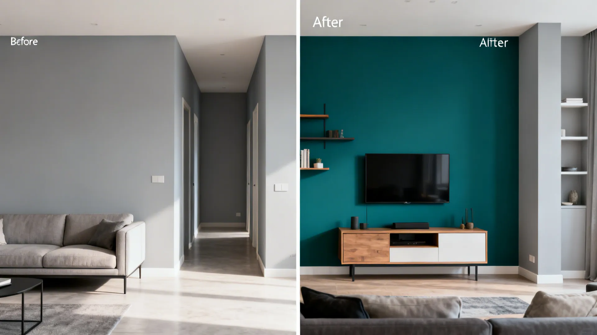 Living room before-and-after showing a deep teal accent wall behind the media unit with pale grey elsewhere.
