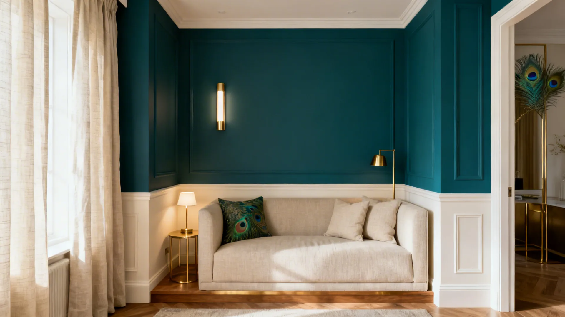 Deep teal accent wall with creamy trims and brass accents zones a compact sofa nook.