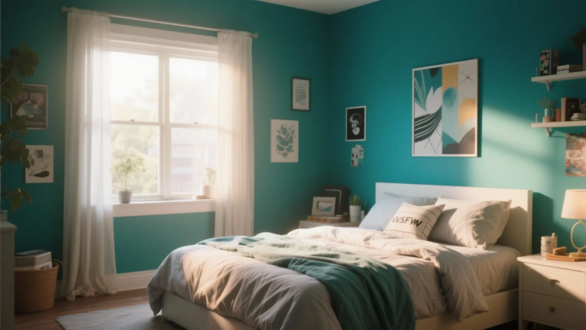 Cozy bedroom featuring teal wall white bed linen wooden side table and natural window light
