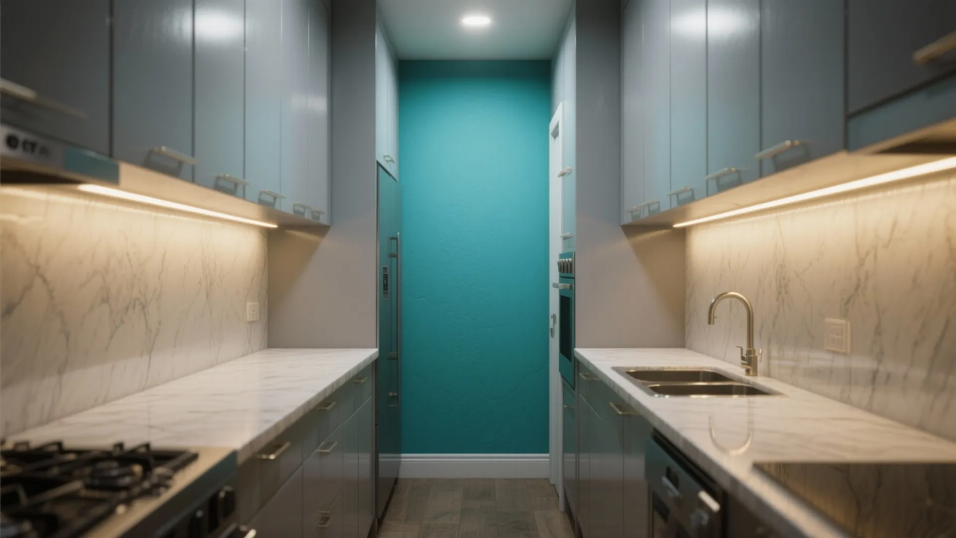 Long skinny kitchen with a teal accent wall and grey cabinets creating cozy depth.
