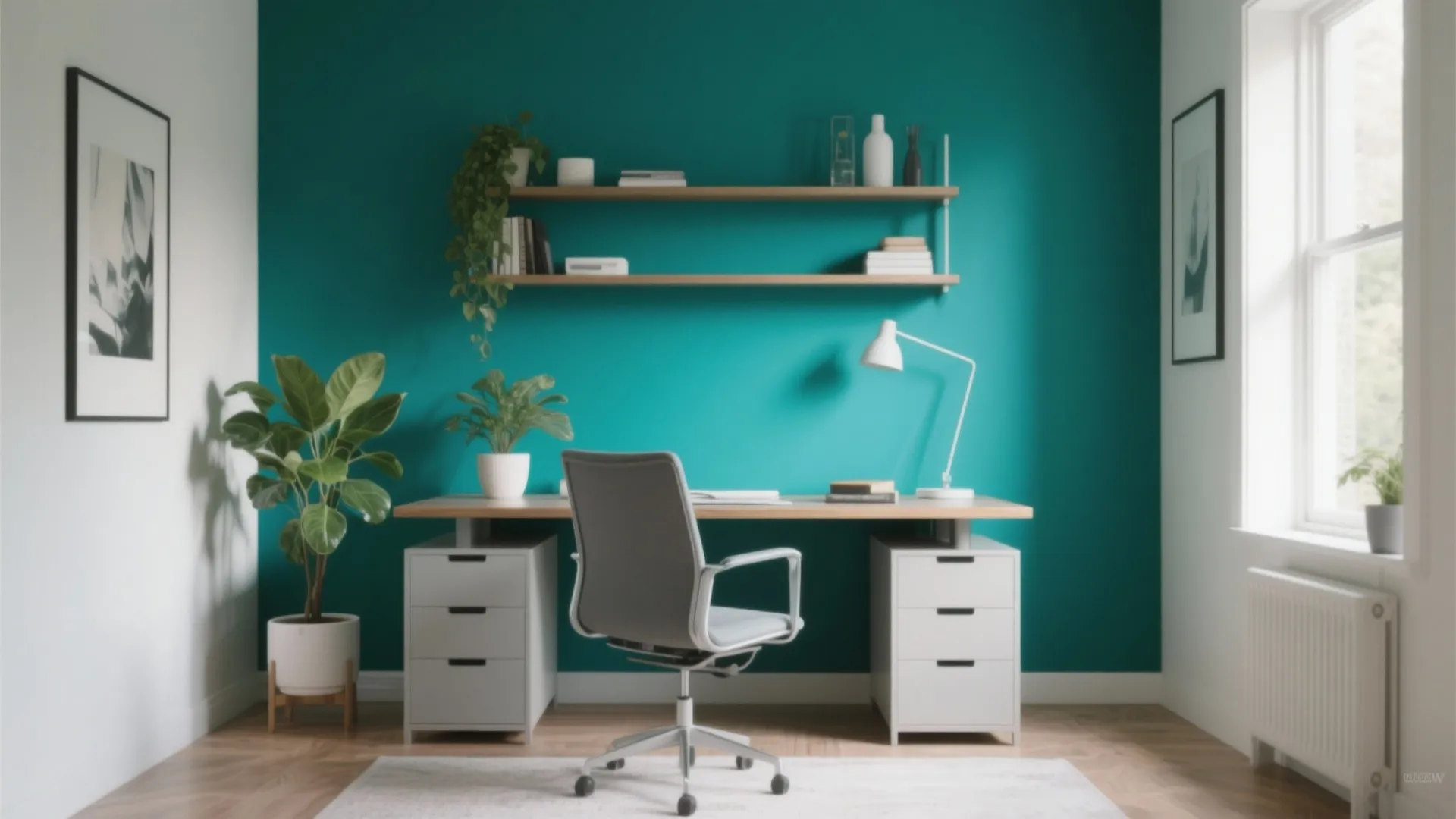 Teal accent wall home office with wooden desk grey chair white cabinets and green plants