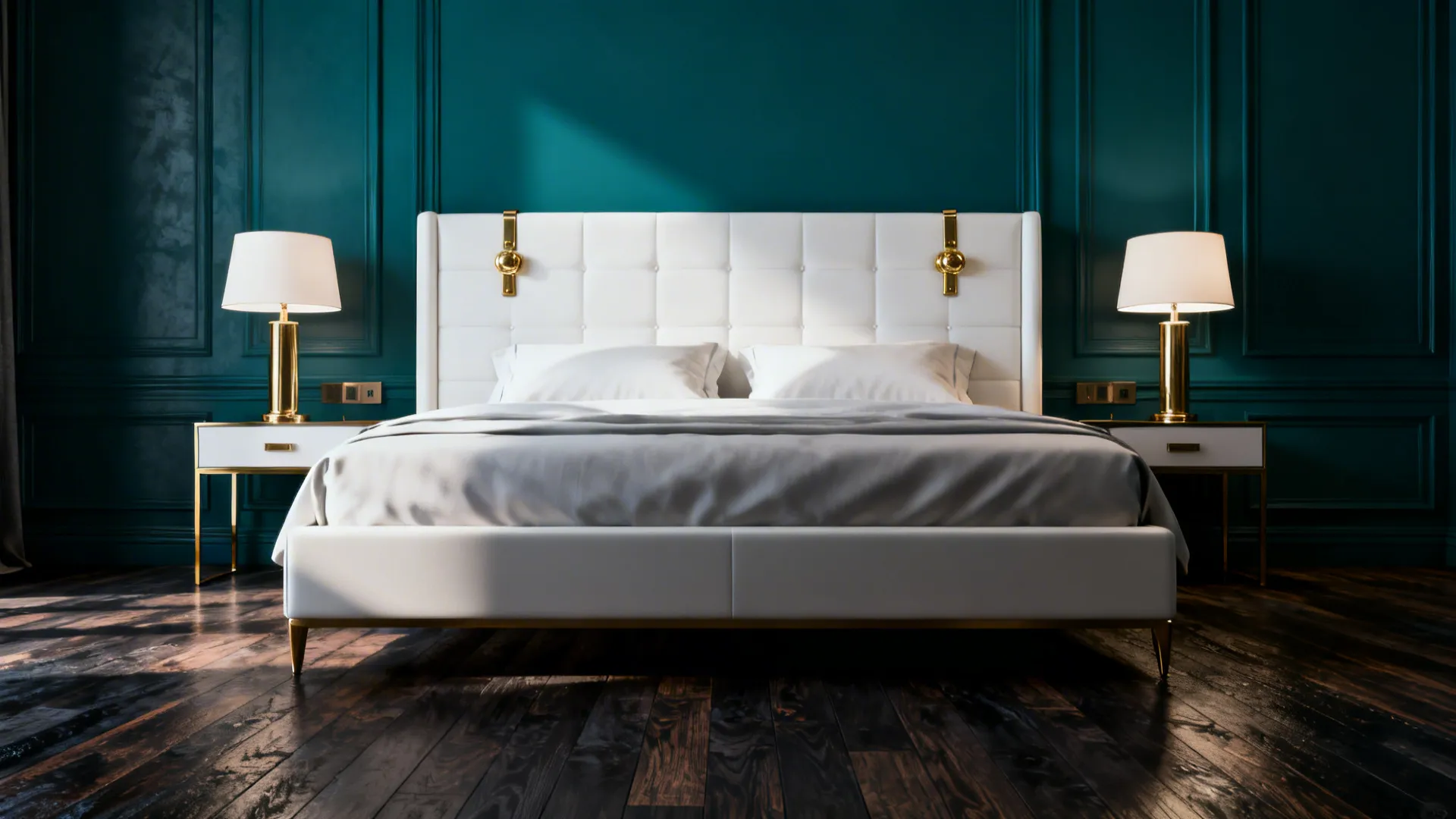 White tufted bed against dark teal wall panel with two gold lamps on bedside tables