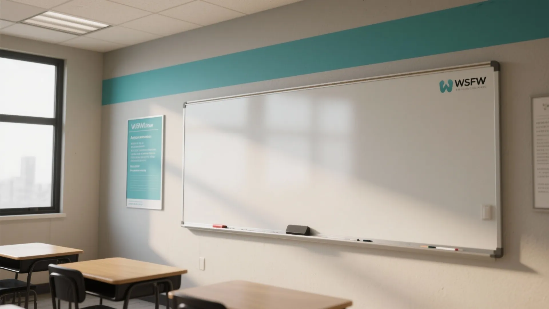 Clean white board on classroom wall with teal paint accent, wooden desks, and large window