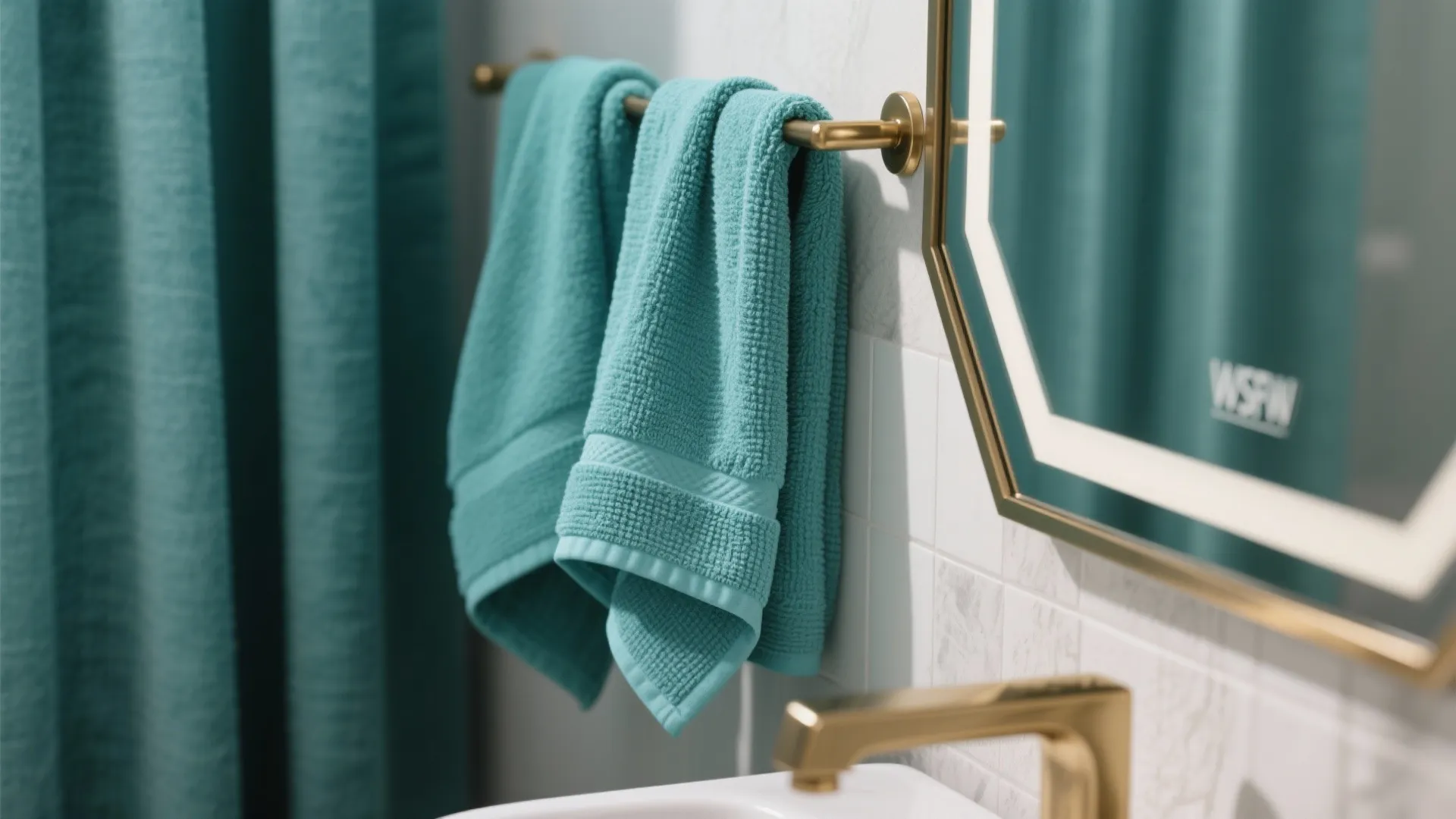 Close up of teal towels hanging on gold bar next to white wall and mirror