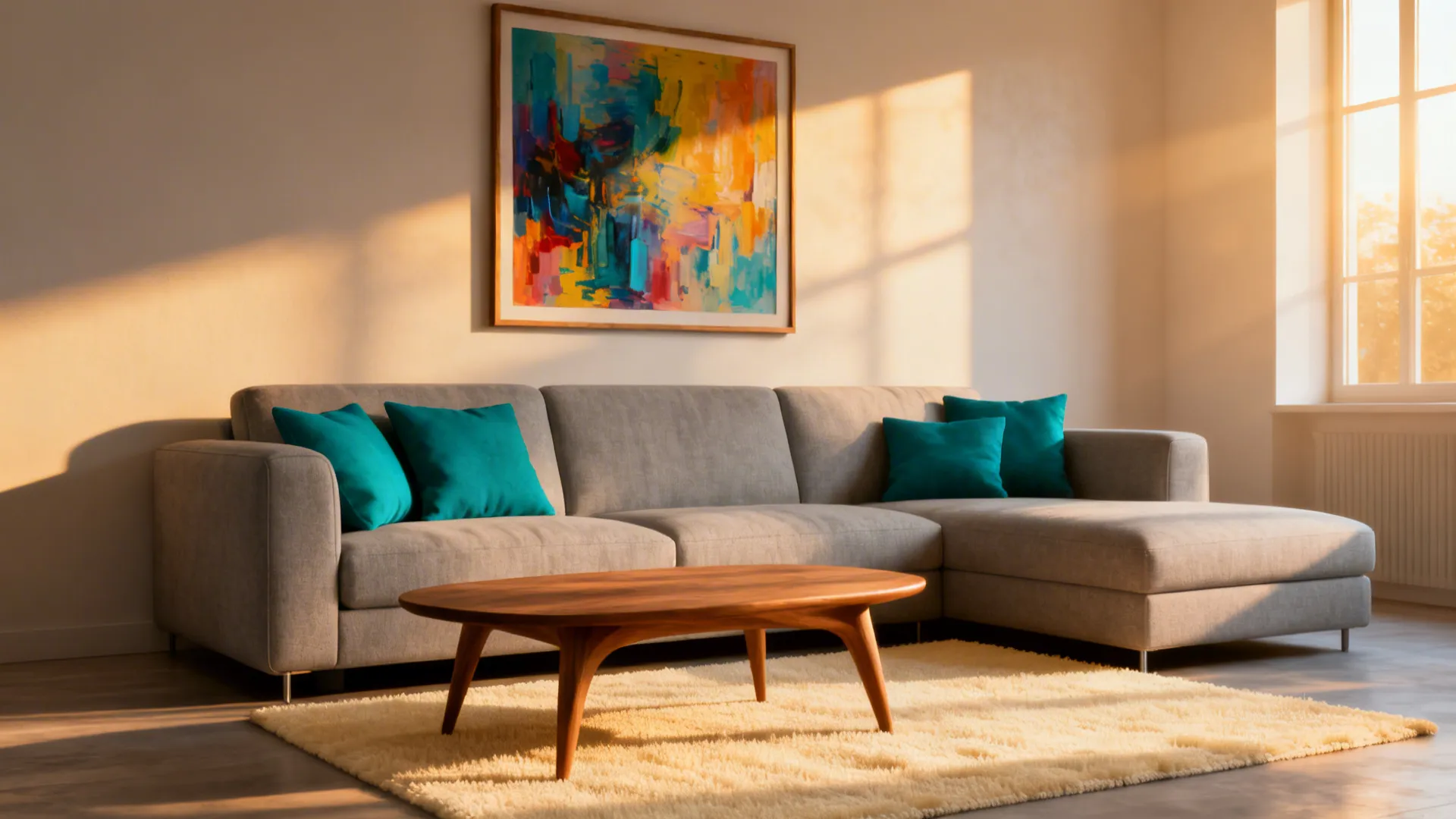 Light grey sectional with teal cushions and colorful artwork for bold accenting.