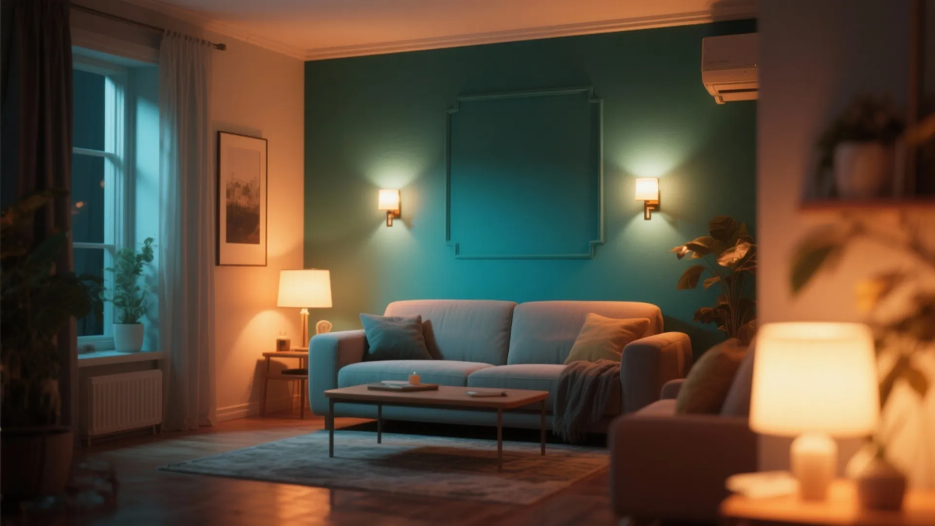 Cozy living room with dark green wall two wall lights grey sofa and coffee table