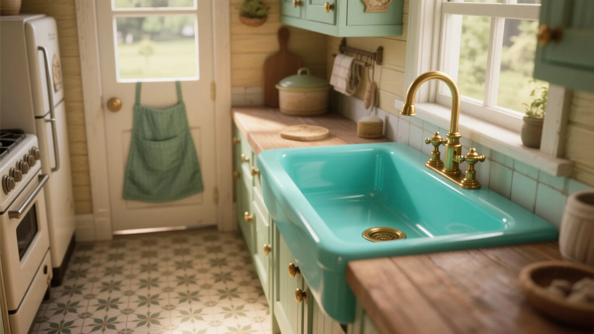 3. Retro Pop: Glossy Teal Apron-Front Sink