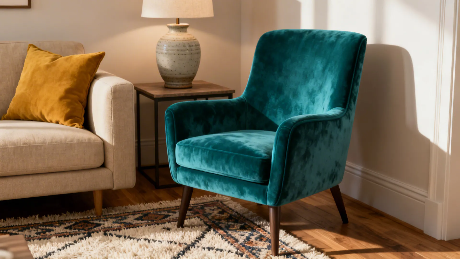 Teal velvet armchair anchoring color in a small living room next to a neutral sofa and patterned rug.