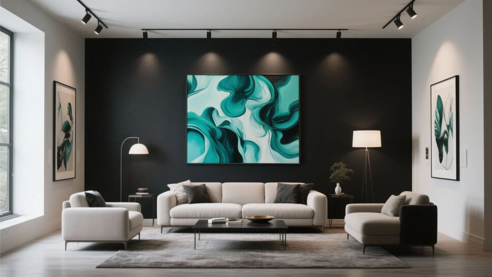 9. Teal Art Pieces against Black Accent Wall