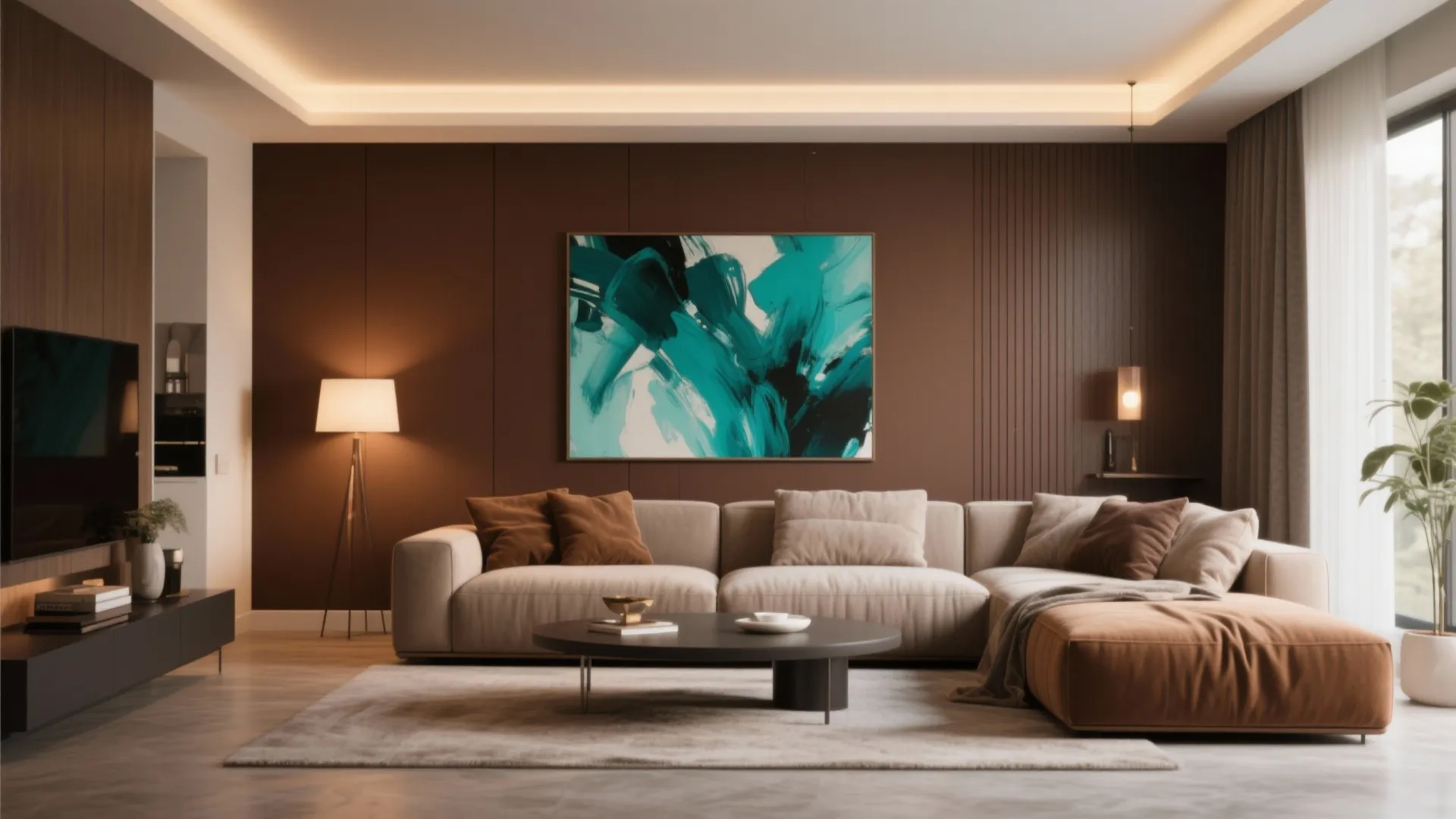 9. Teal Artwork on Brown Feature Wall