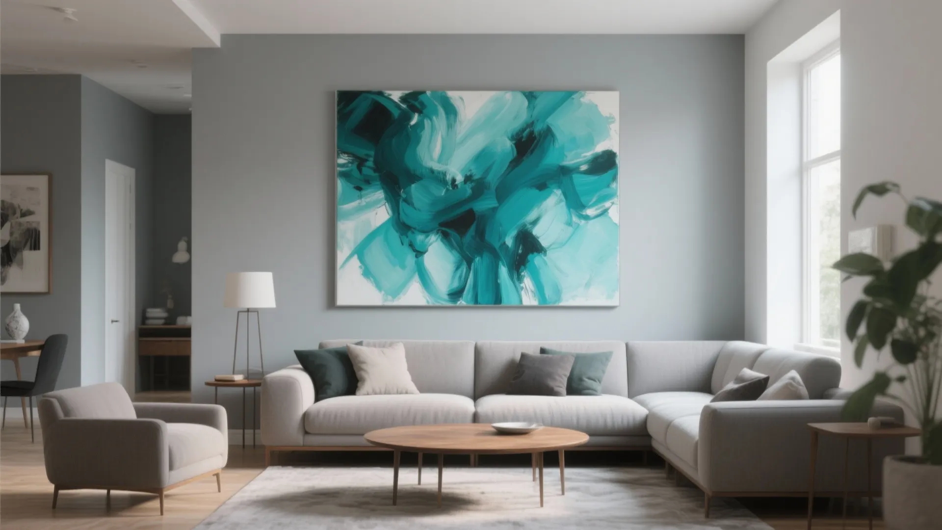 Large teal abstract artwork on grey living room wall