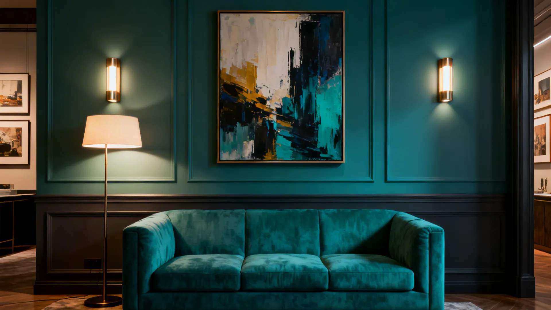 Teal sofa as focal point opposite a gallery wall with layered lighting highlighting the color