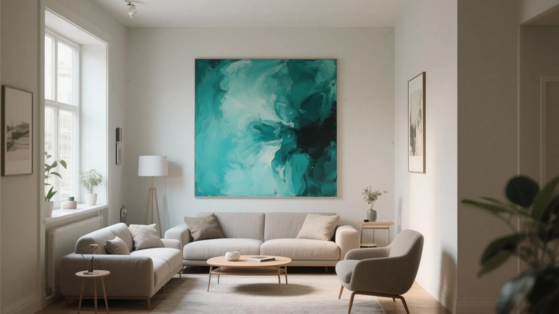 Modern living room with large teal artwork