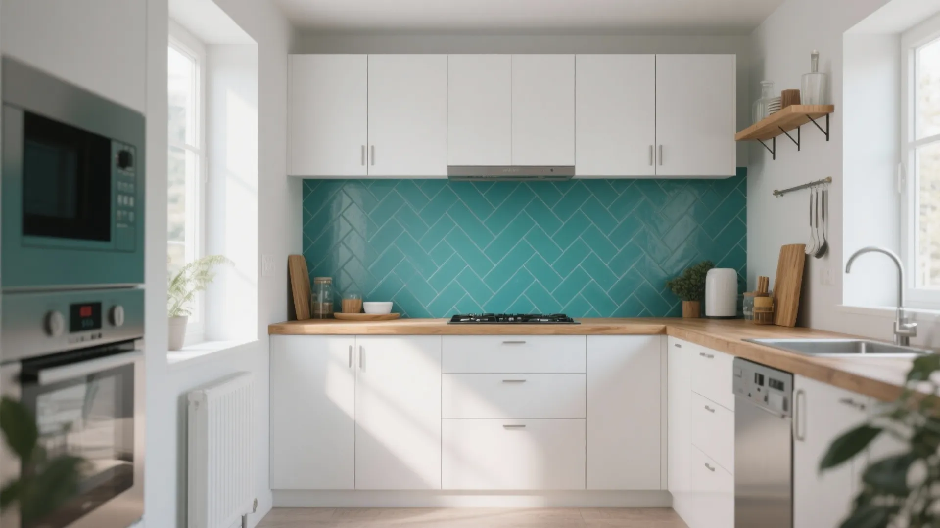 Modern white kitchen with wood countertops a bright teal tile wall and white upper cabinets