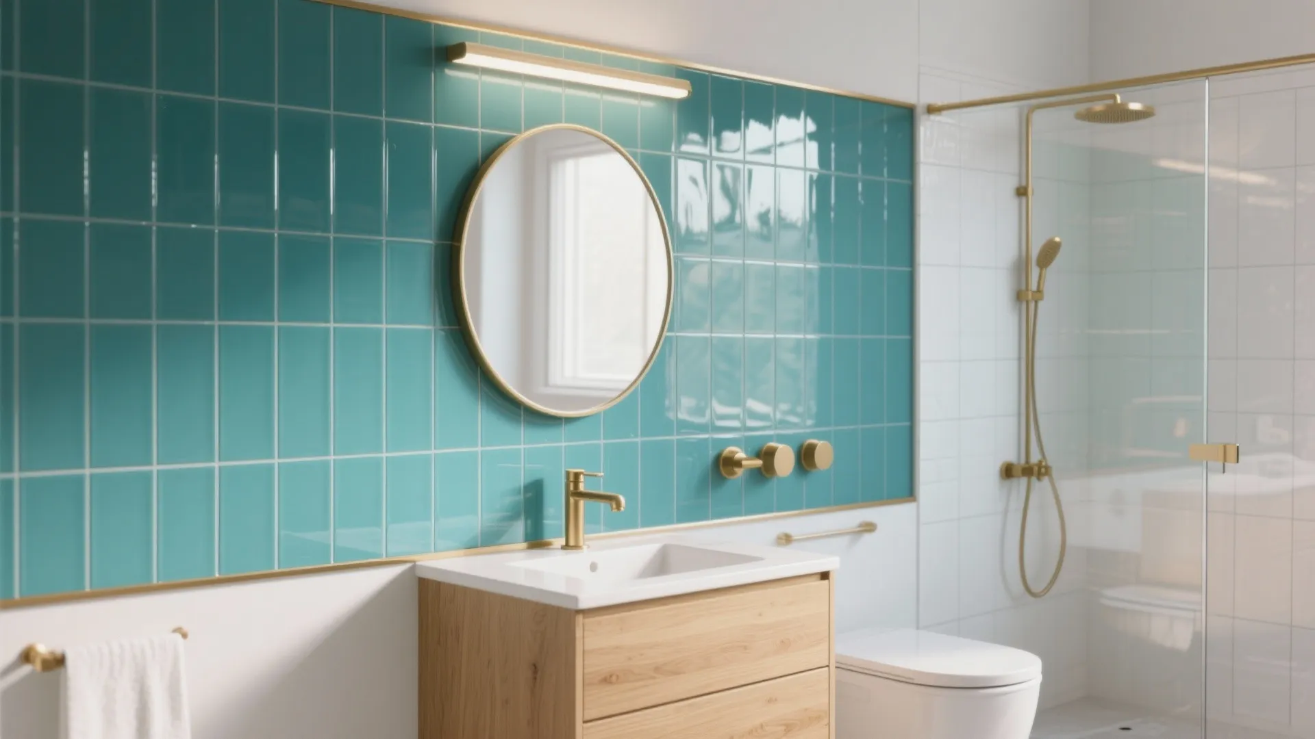 Glossy Teal Backsplash with Matte Walls