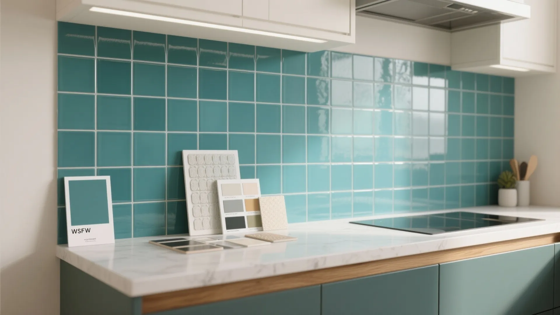 3. Teal Backsplash with Neutral Walls